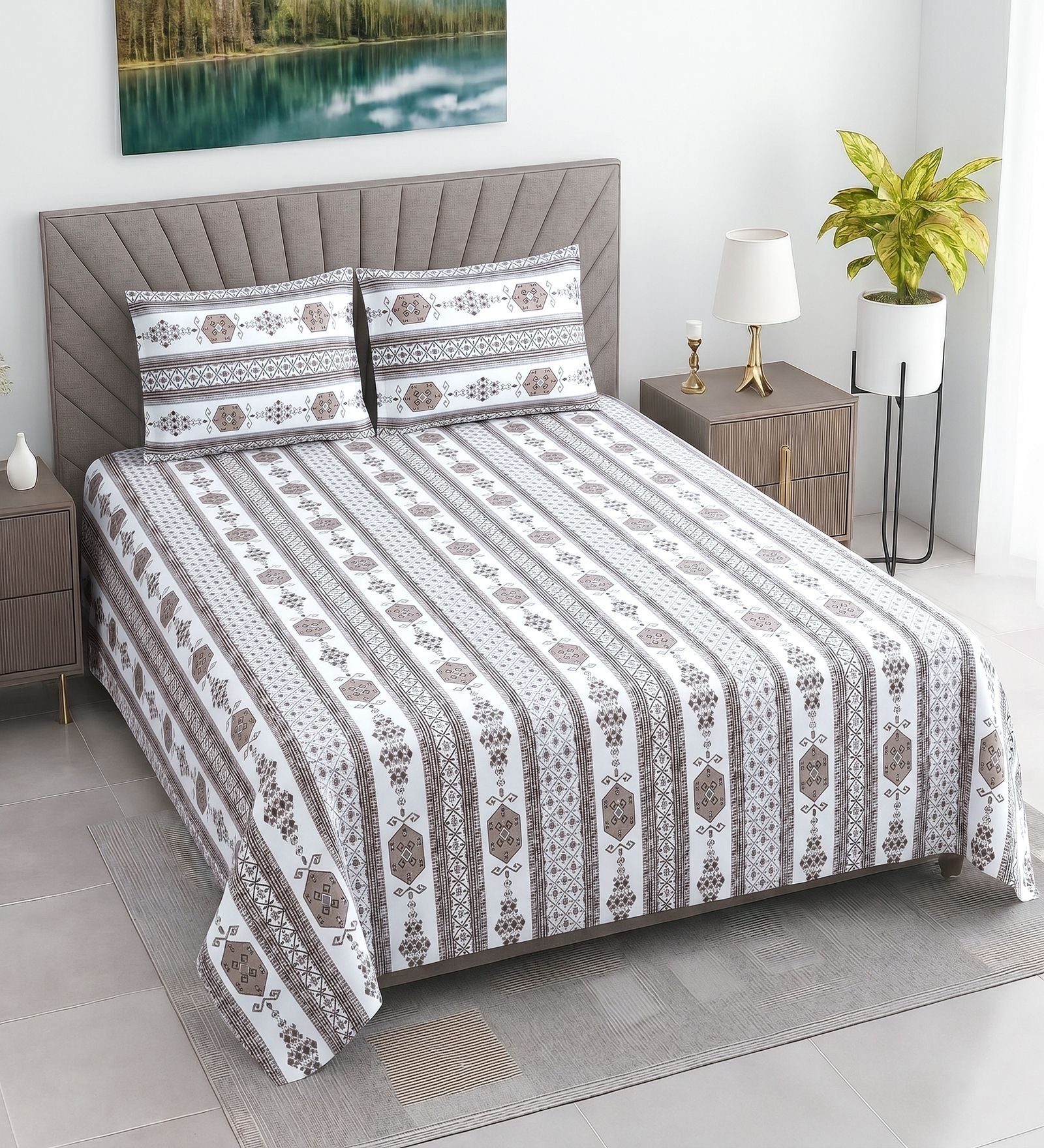 White & Grey Floral 400 TC Cotton Queen Size Flat Bedsheet With 2 Pillow Covers