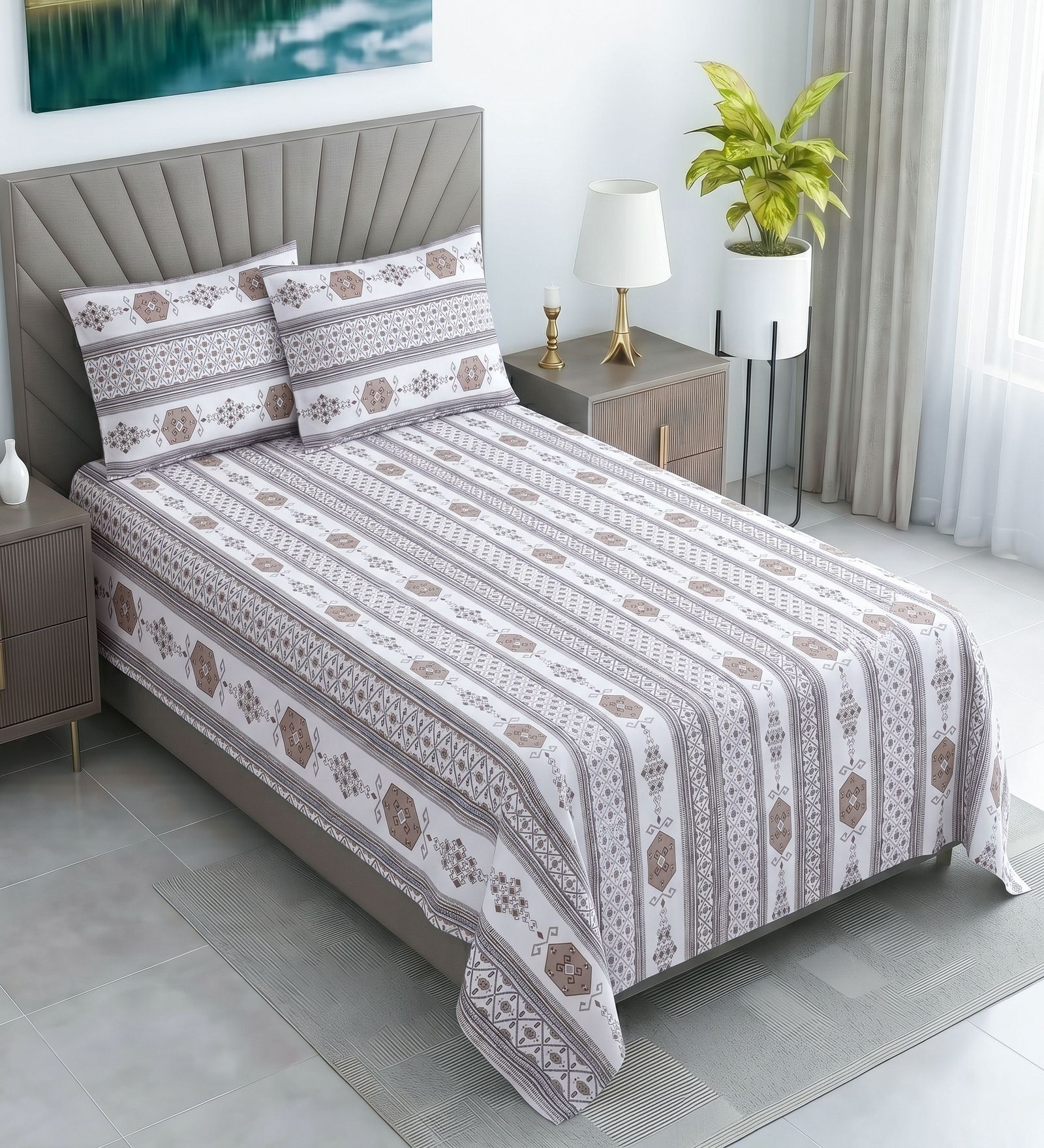White & Grey Floral 400 TC Cotton Single Bed Size Flat Bedsheet With 2 Pillow Covers