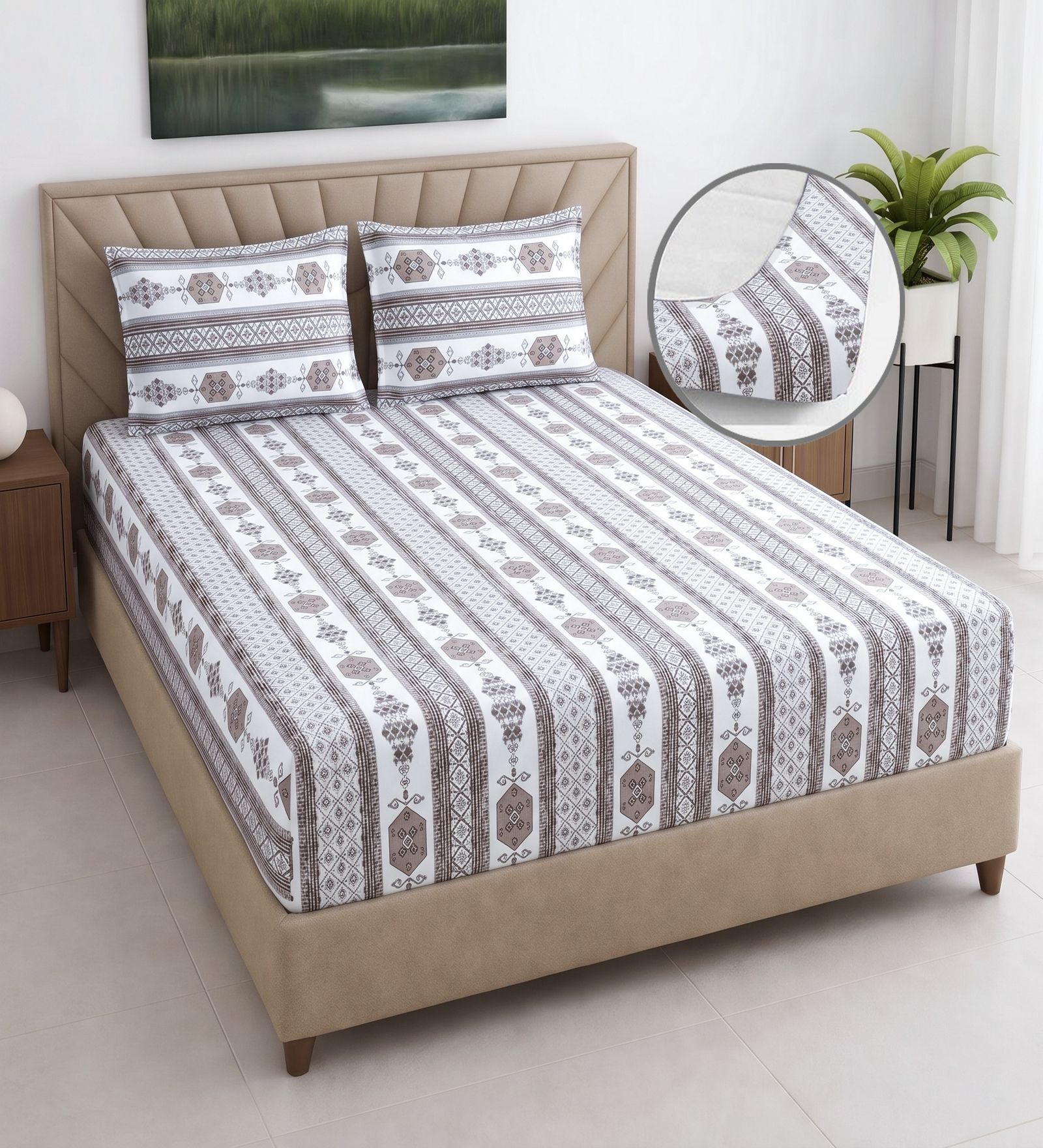White & Grey Floral 400 TC Cotton Superking Size Fitted Bedsheet With 2 Pillow Covers