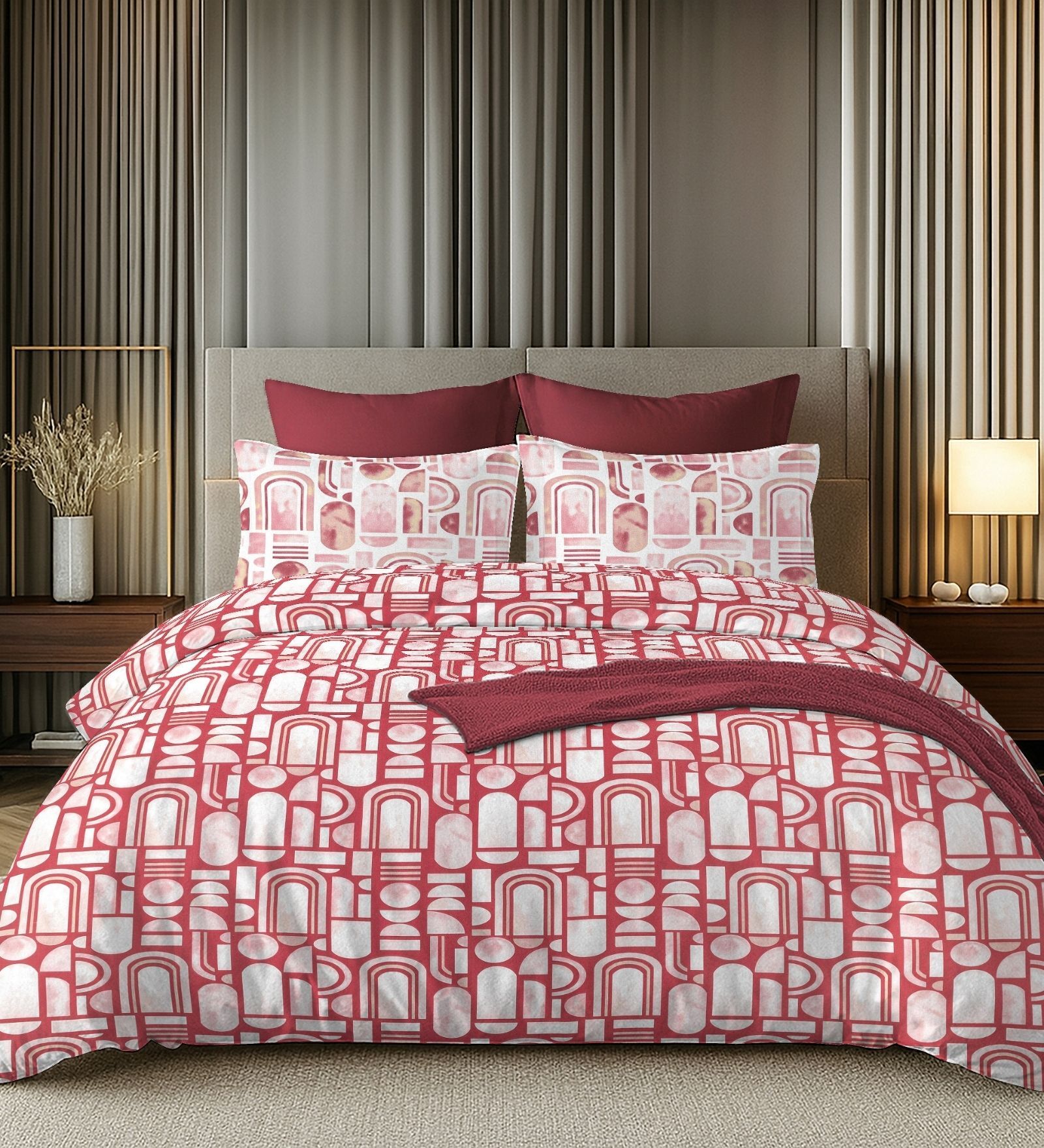 White & Dark Pink 144TC Cotton Flat Super King Bedsheet with 2 Pillow Covers