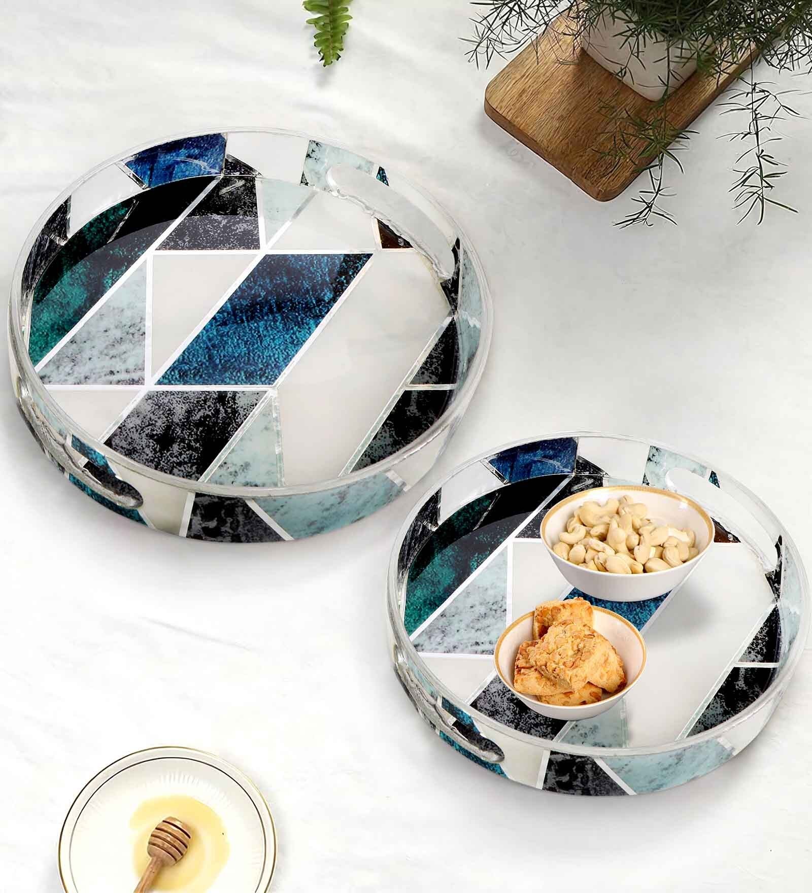 White & Gold, Black MDF Wood New Mosaic (Set of 2) Round Serving Trays