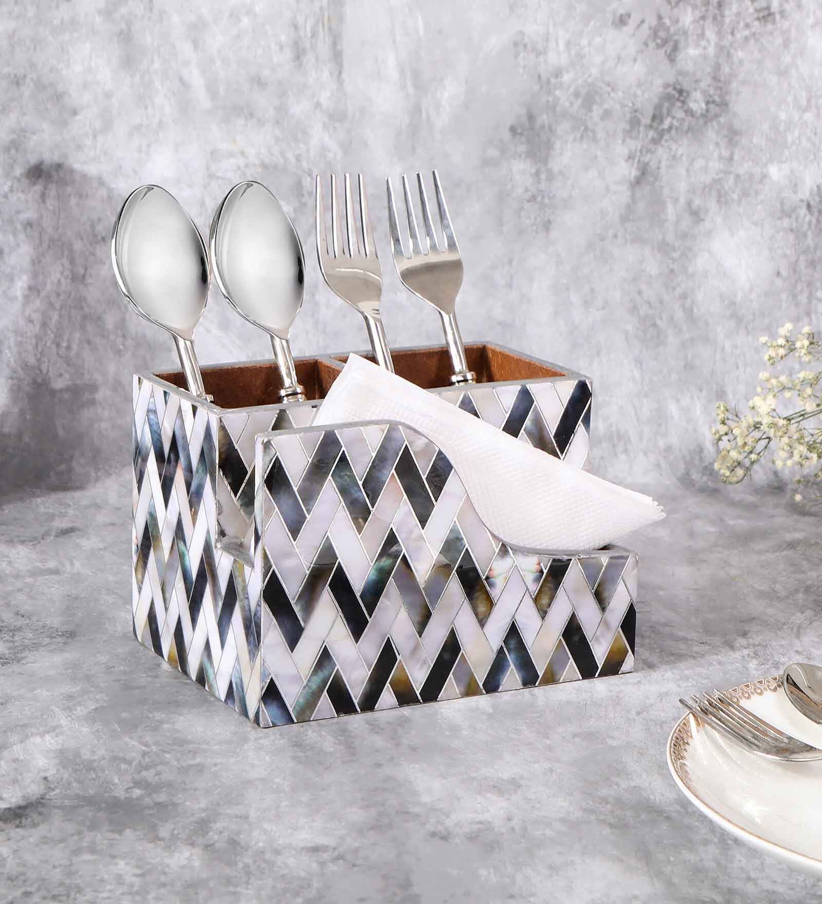 White & Gold, Black MDF Wood Zigzag Cutlery Tissue Holder