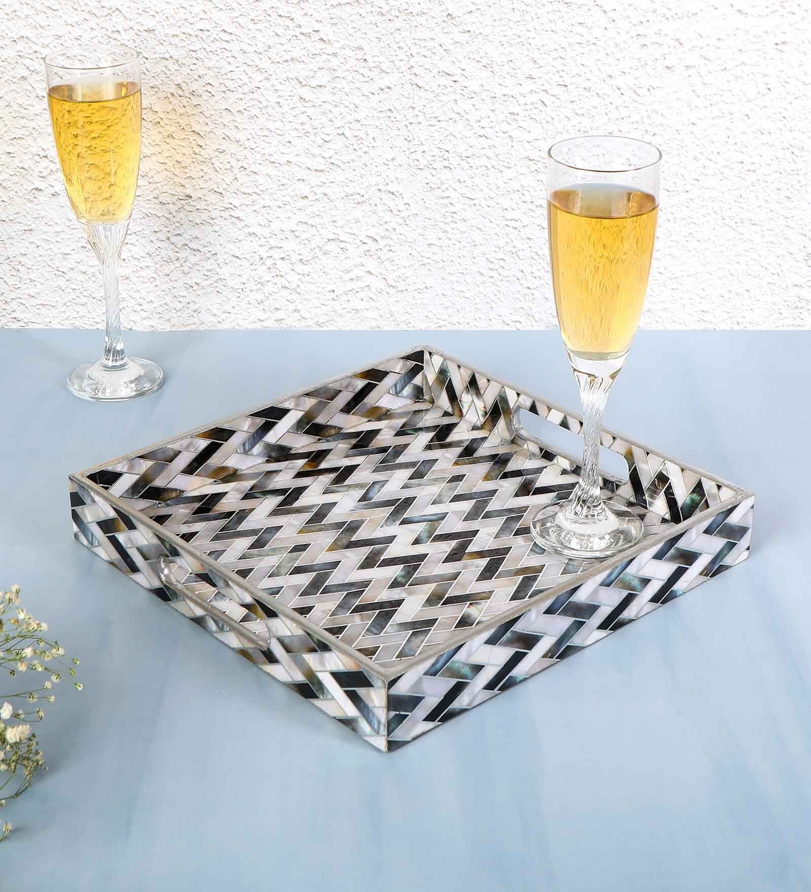 White & Gold, Black MDF Wood Zigzag  Square Serving Tray