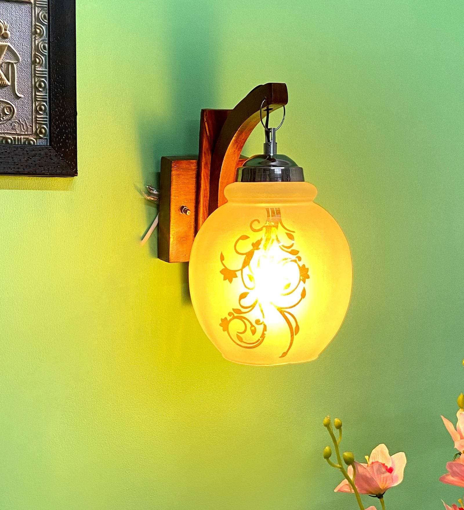 White & Gold E27 holder Wood & Glass Uplight Wall Scone