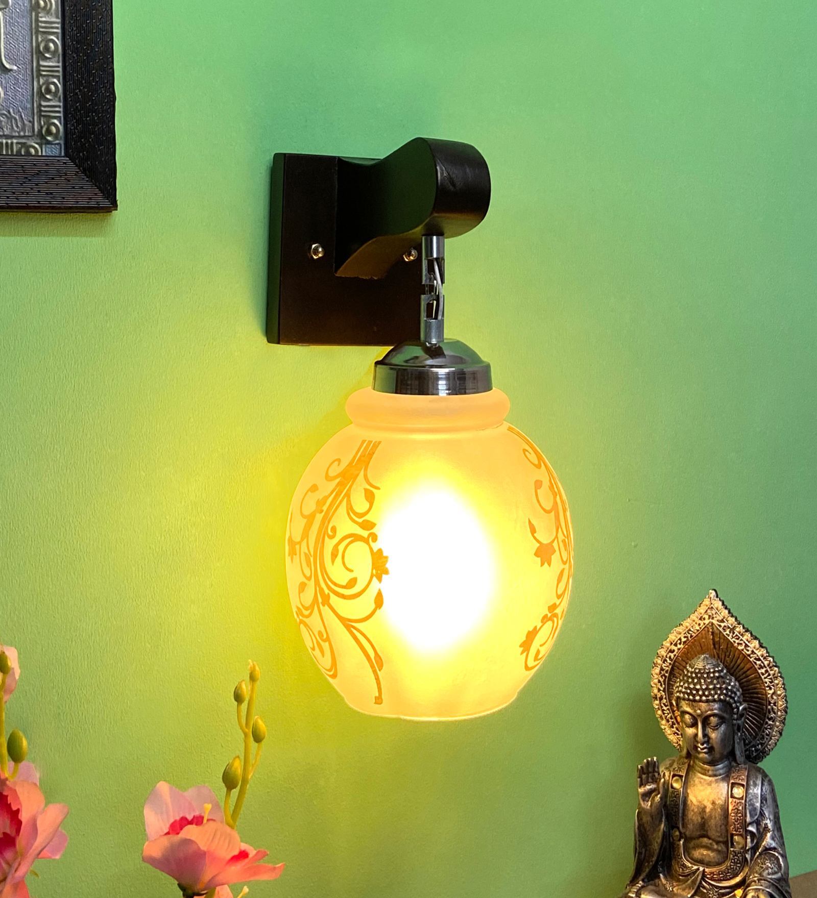 White & Gold E27 holder Wood & Glass Uplight Wall Scone