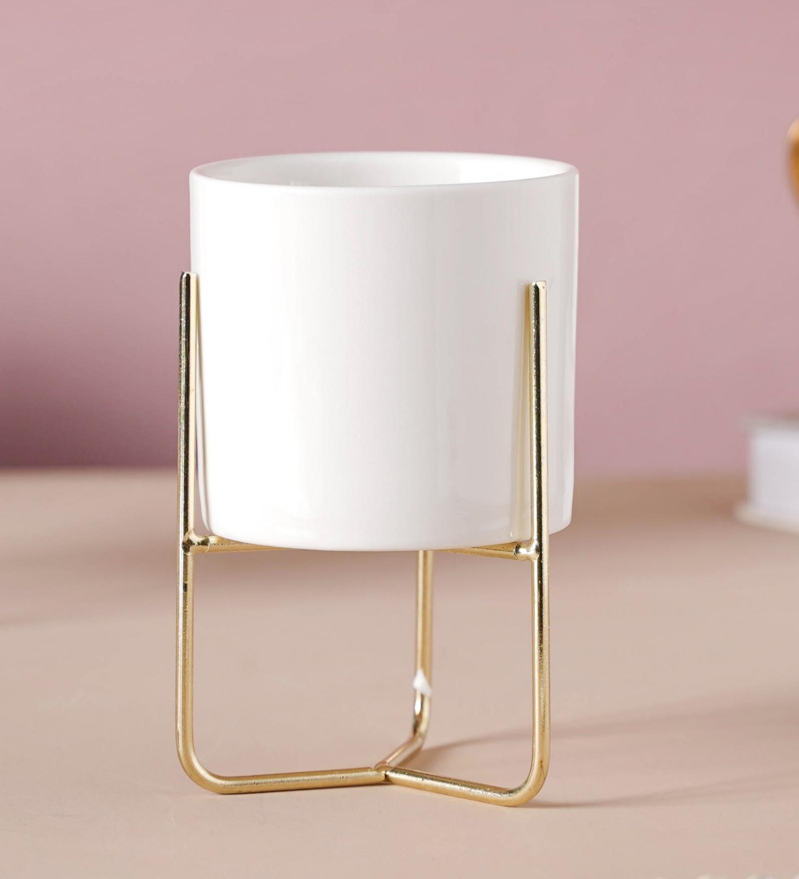 White & Gold Flowering Clay Pot With St&