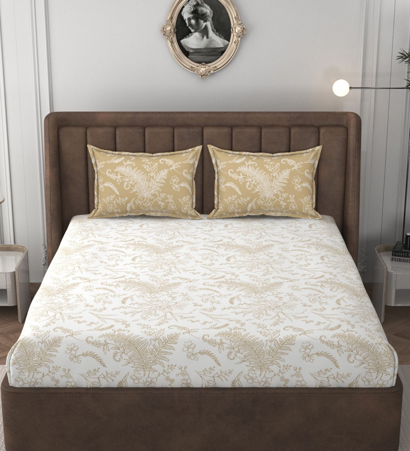 White & Gold Glace Cotton Floral Print Elastic Fitted King Bedsheet With 2 Pillow Covers