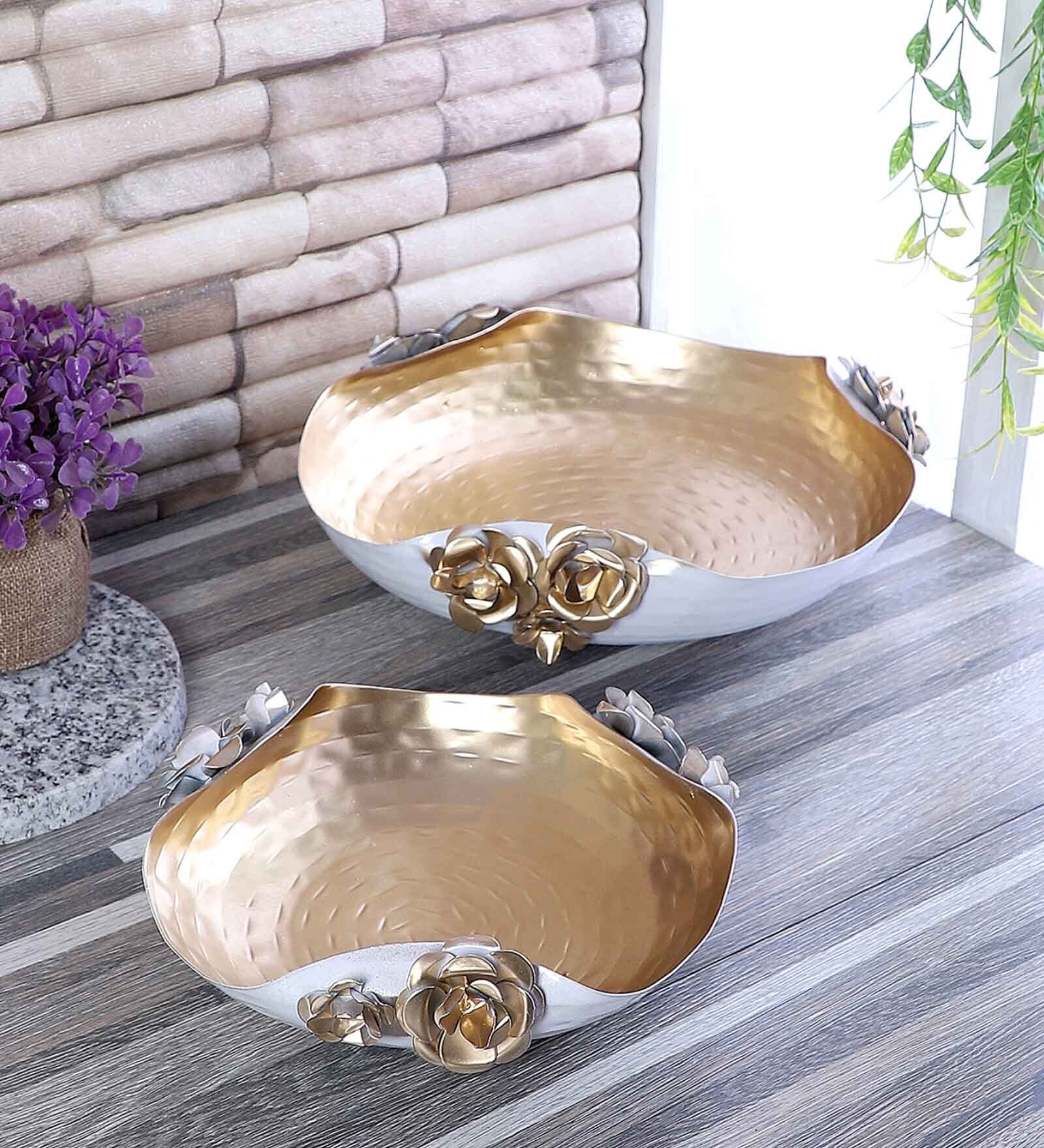 White & Gold Hammered Rose Urli Set of 2
