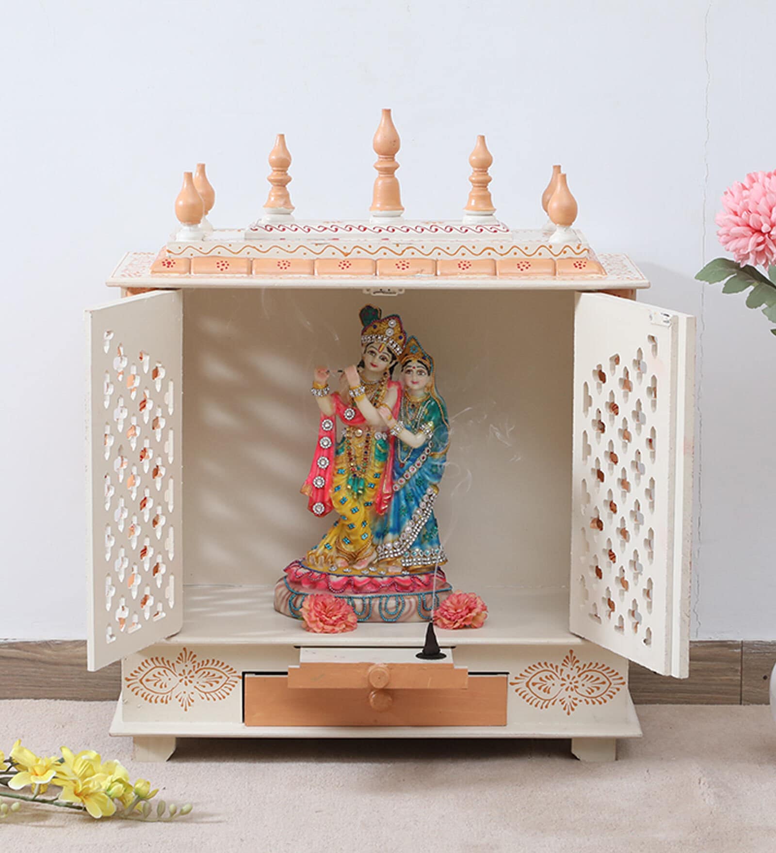 White & Gold Mango Wood & MDF Floor Rested Mandir With Door