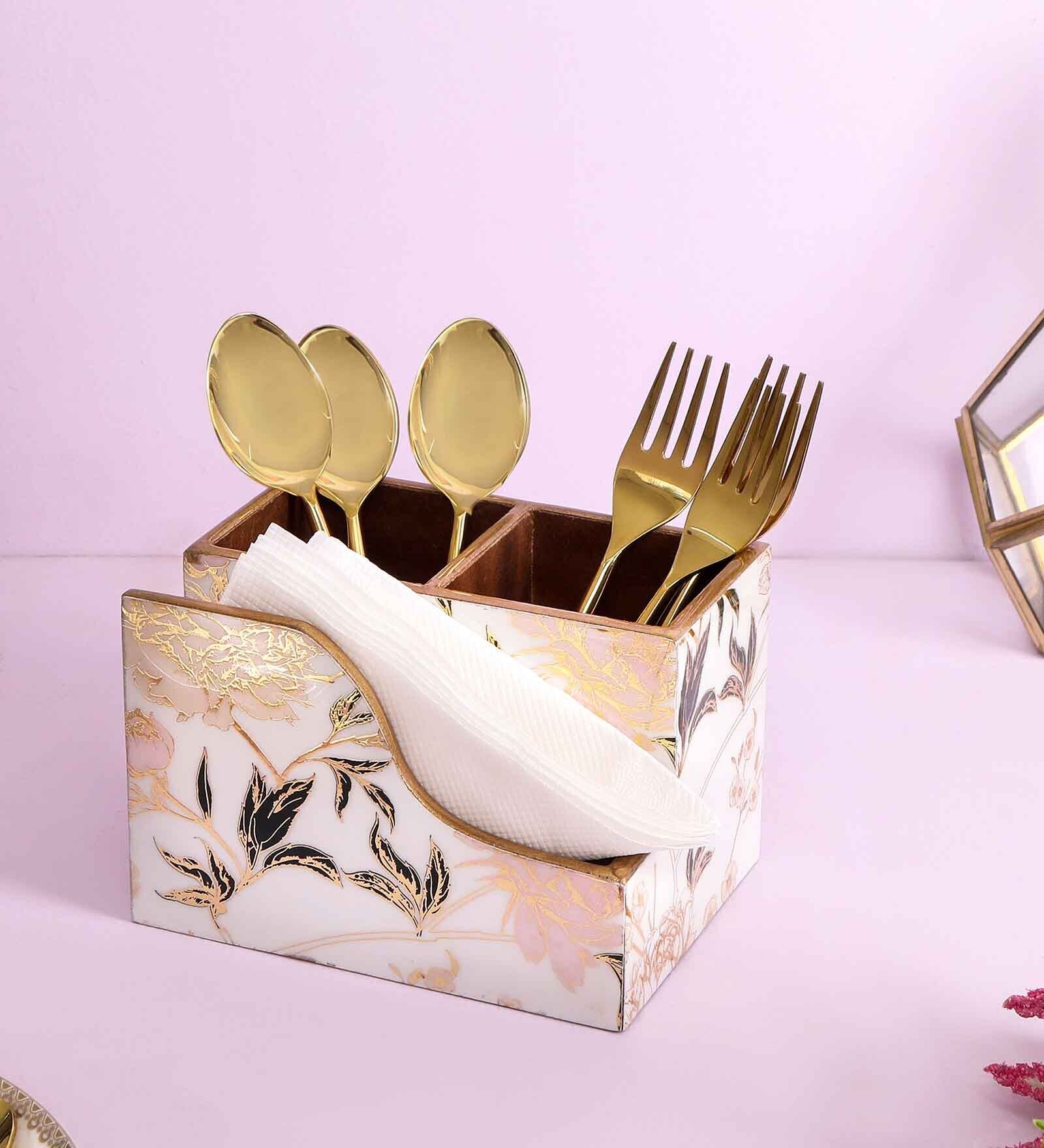 White & Gold MDF Wood Flower Cutlery Tissue Holder