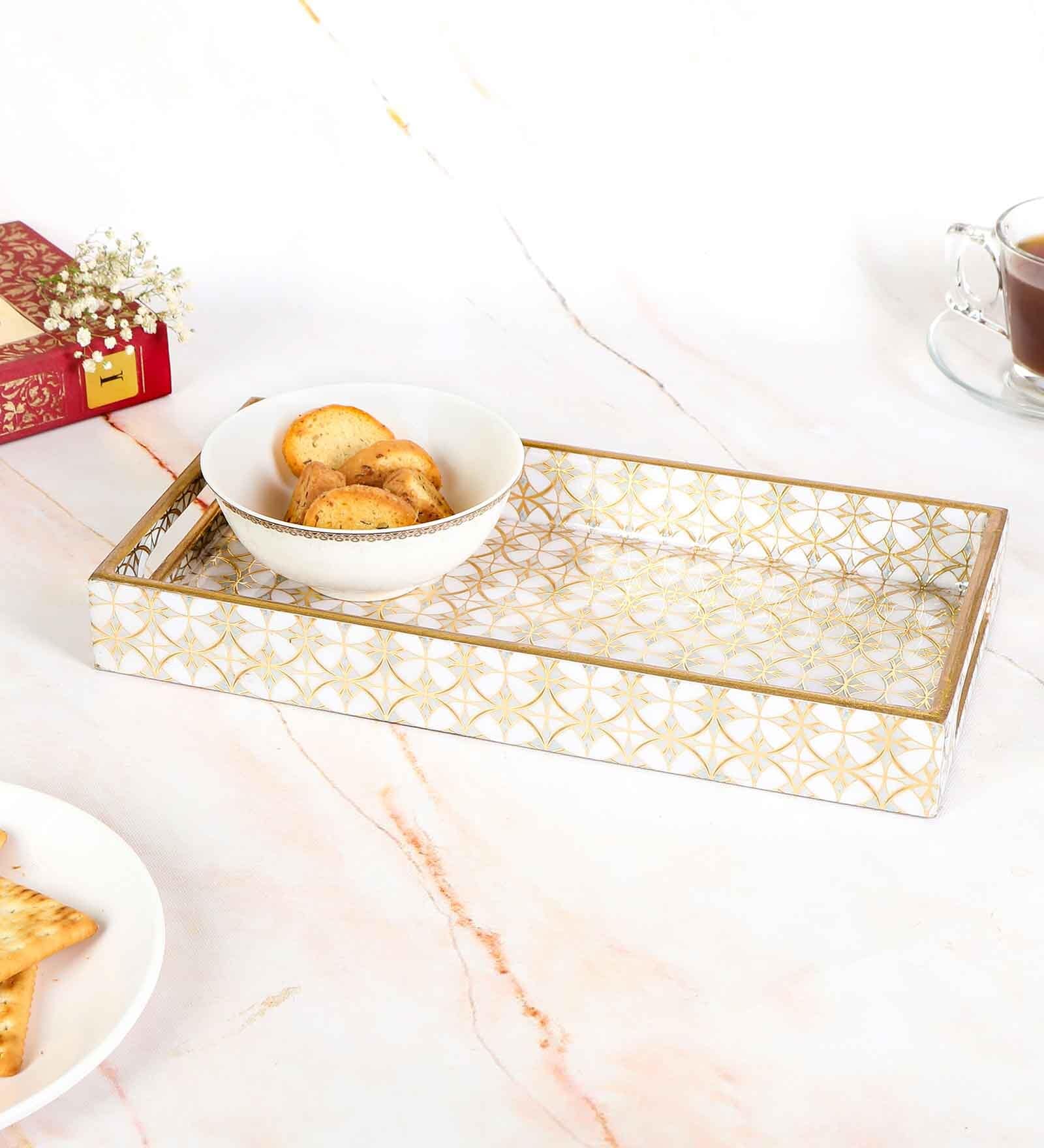 White & Gold MDF Wood Gold  Rectangle Serving Tray
