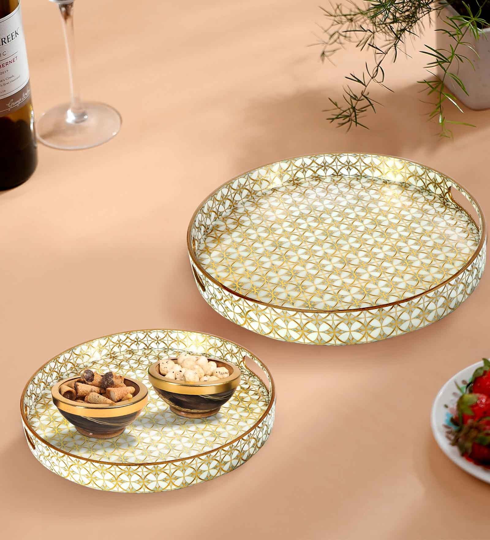 White & Gold MDF Wood (Set of 2) Round Serving Trays
