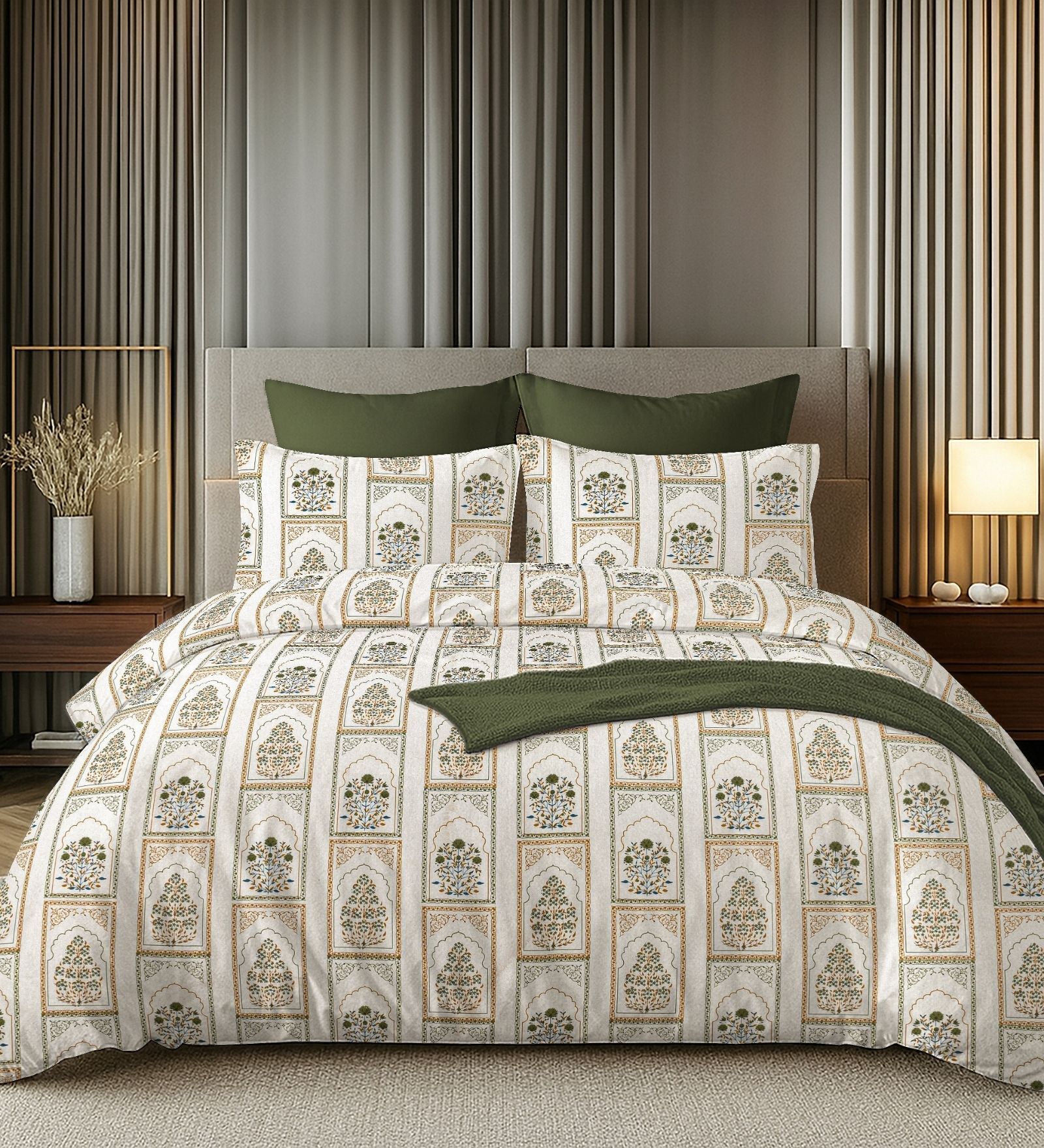 White & Green 144TC Cotton Flat Super King Bedsheet with 2 Pillow Covers