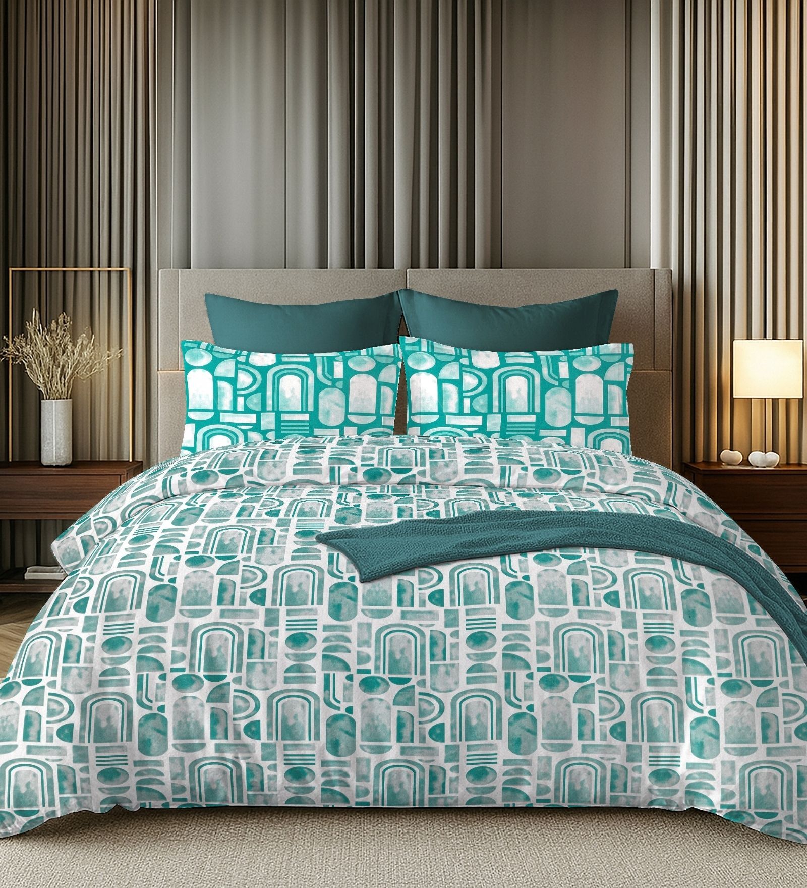 White & Green 144TC Cotton Flat Super King Bedsheet with 2 Pillow Covers