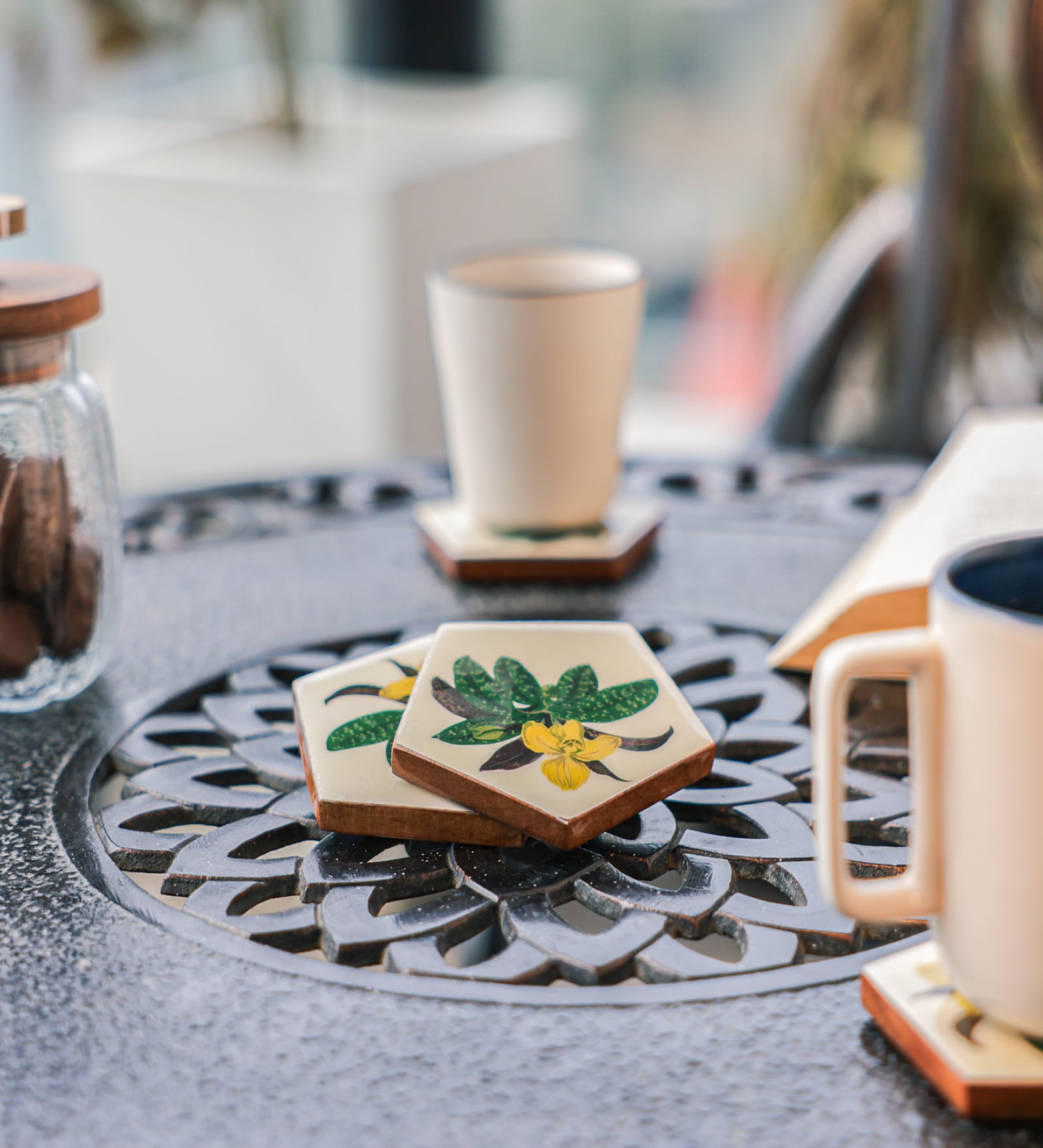 White & Green Acacia Wood Floral (Set of 4) Coasters