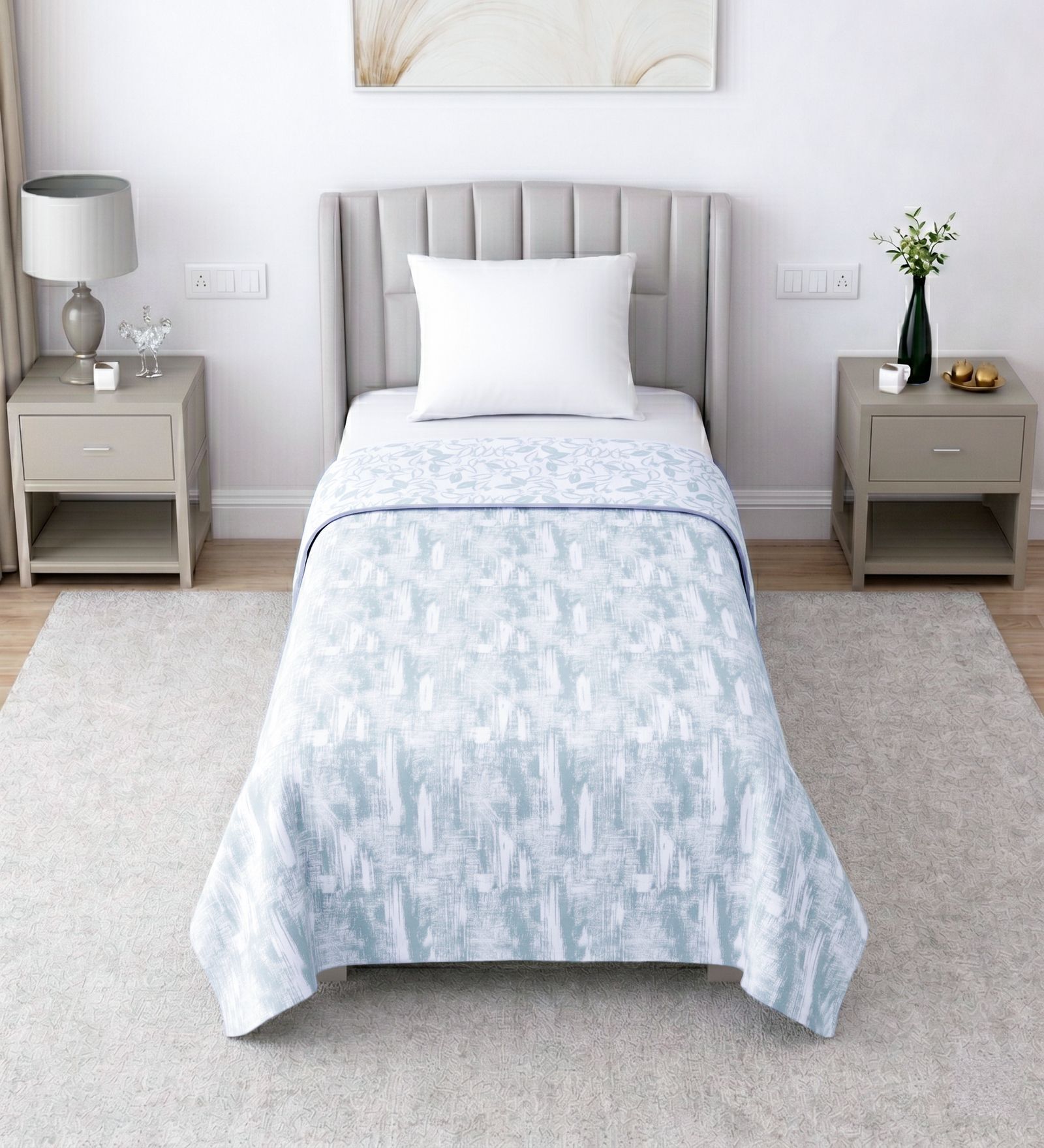 White & Green Shade Cotton Floral 400 GSM Single Bed Dohar