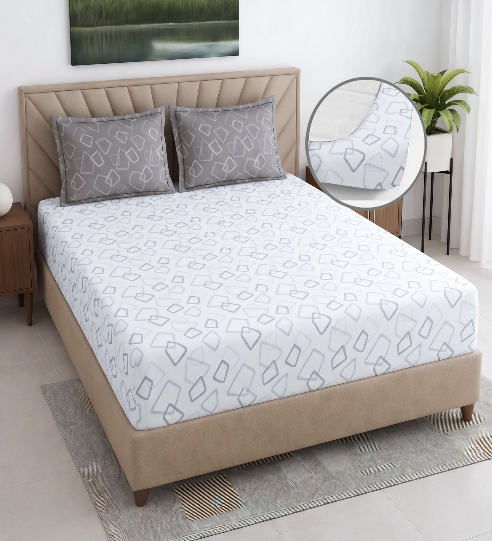 White & Grey Geometric 400 TC Cotton Queen Size Fitted Bedsheet With 2 Pillow Covers