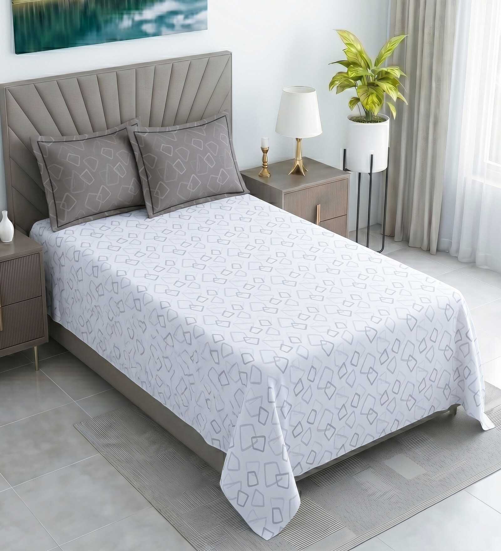 White & Grey Geometric 400 TC Cotton Single Bed Size Flat Bedsheet With 2 Pillow Covers