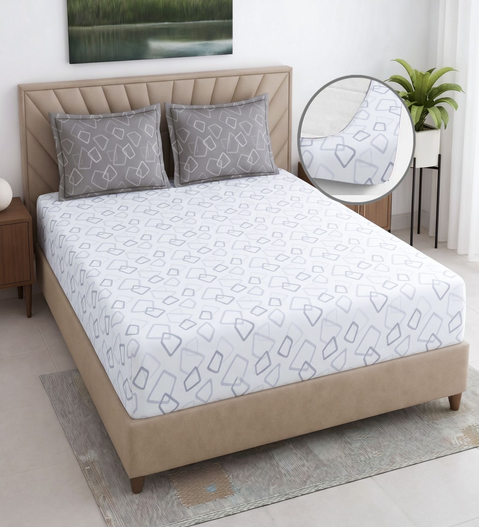 White & Grey Geometric 400 TC Cotton Superking Size Fitted Bedsheet With 2 Pillow Covers