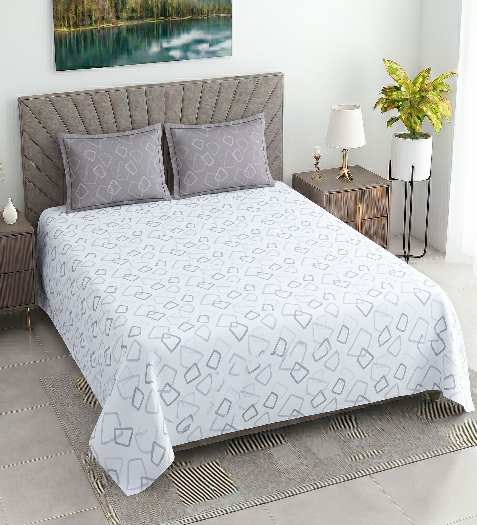 White & Grey Geometric 400 TC Cotton Superking Size Flat Bedsheet With 2 Pillow Covers