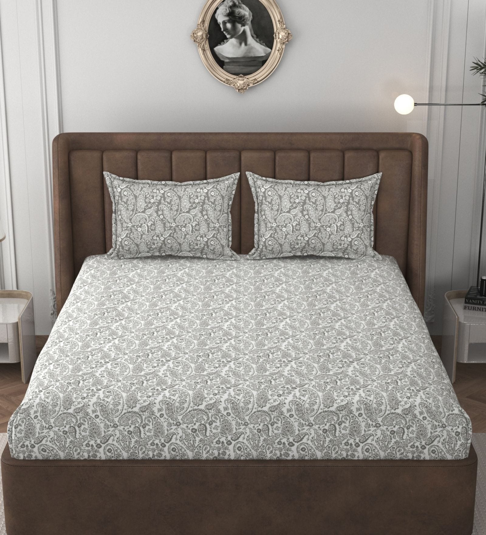 White & Grey Glace Cotton Paisley Print Elastic Fitted King Bedsheet With 2 Pillow Covers