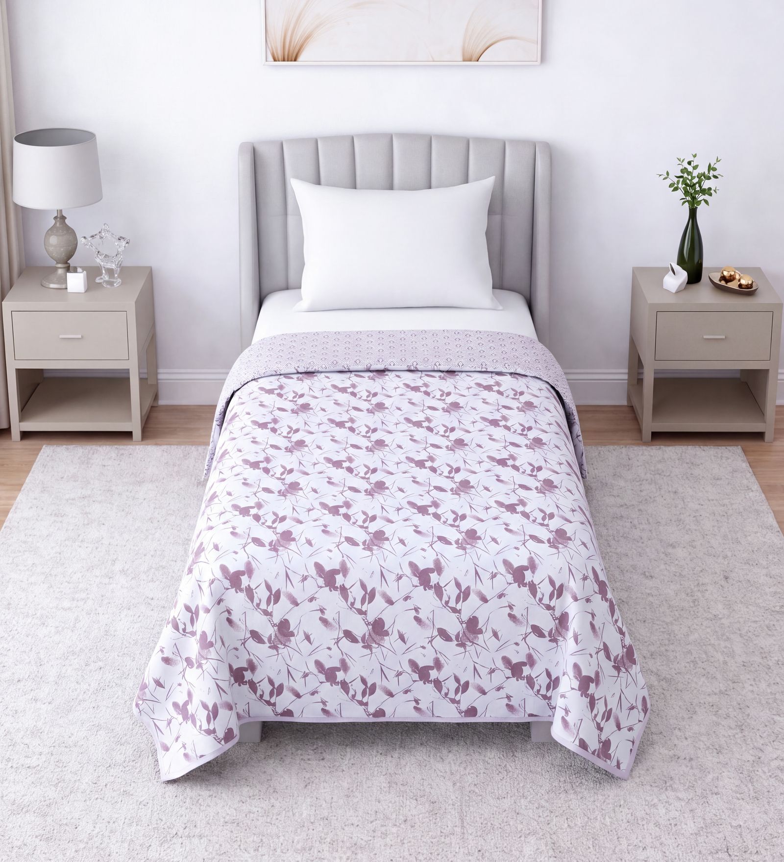White & Lavender Cotton Floral 350 GSM Single Bed Reversible Dohar