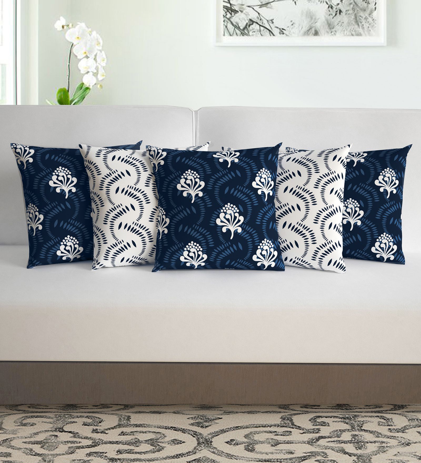 White & Navy Blue Microfiber Floral 16X16 Inches Cushion Covers Set Of 5