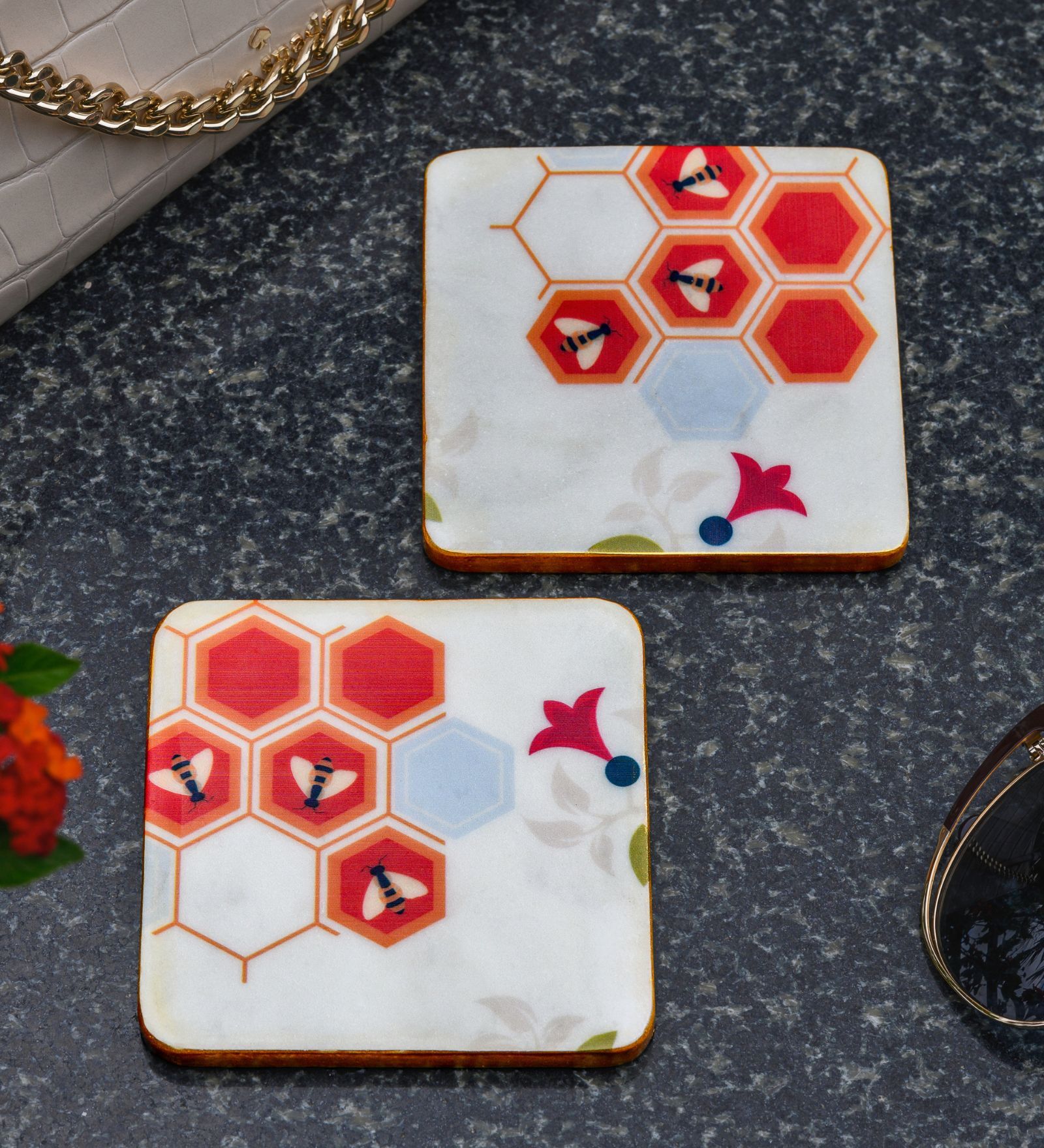 White & Orange (4 x 4 Inches) Marble (Set of 2) Coasters