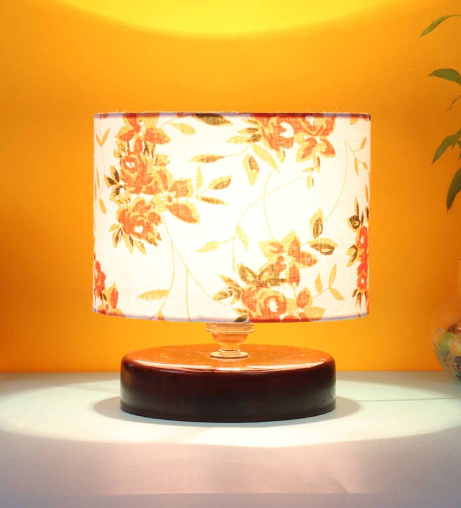 White & Orange  Print Table Lamp With Wood Brown Base