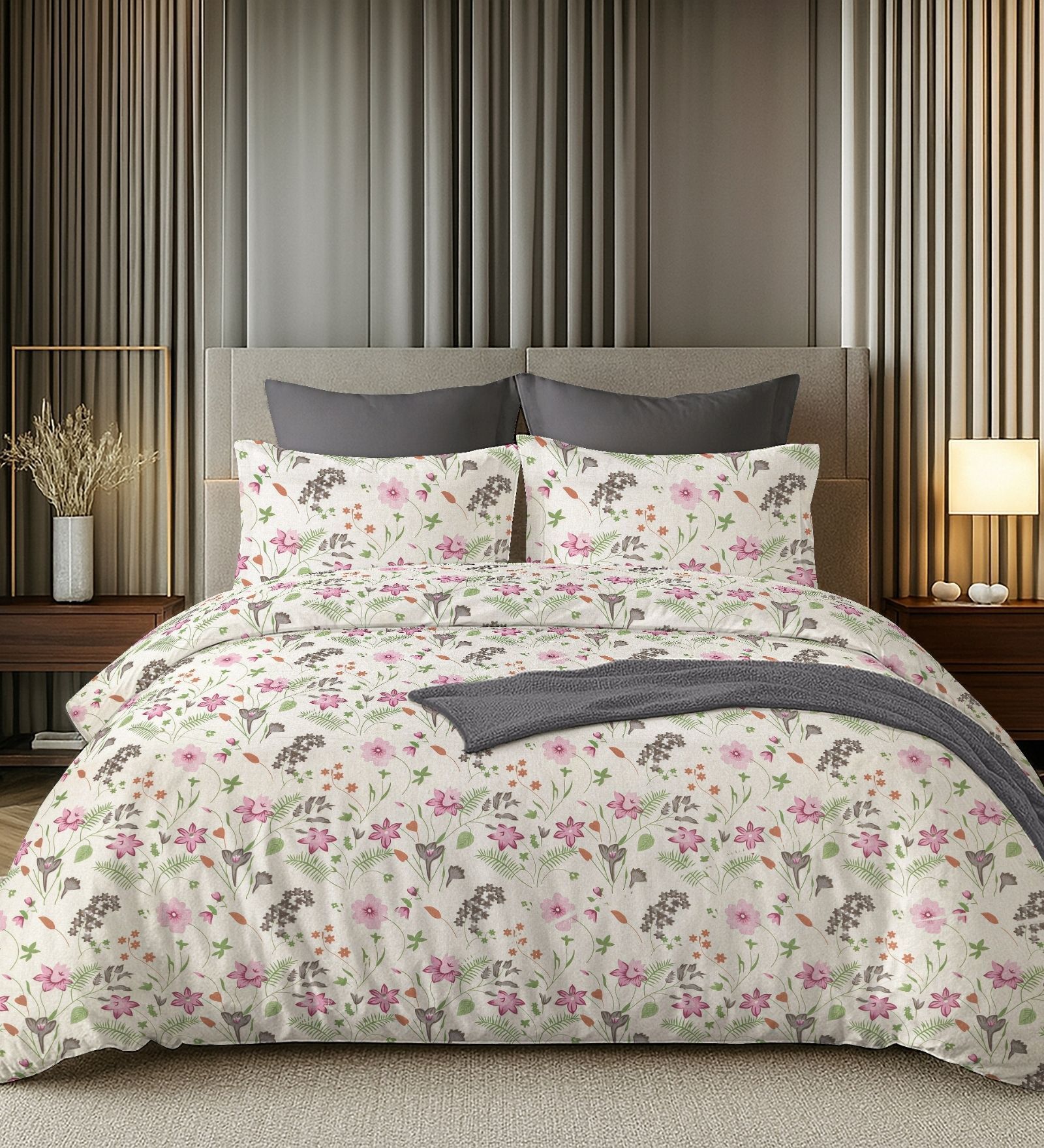 White & Pink 144TC Cotton Flat Super King Bedsheet with 2 Pillow Covers