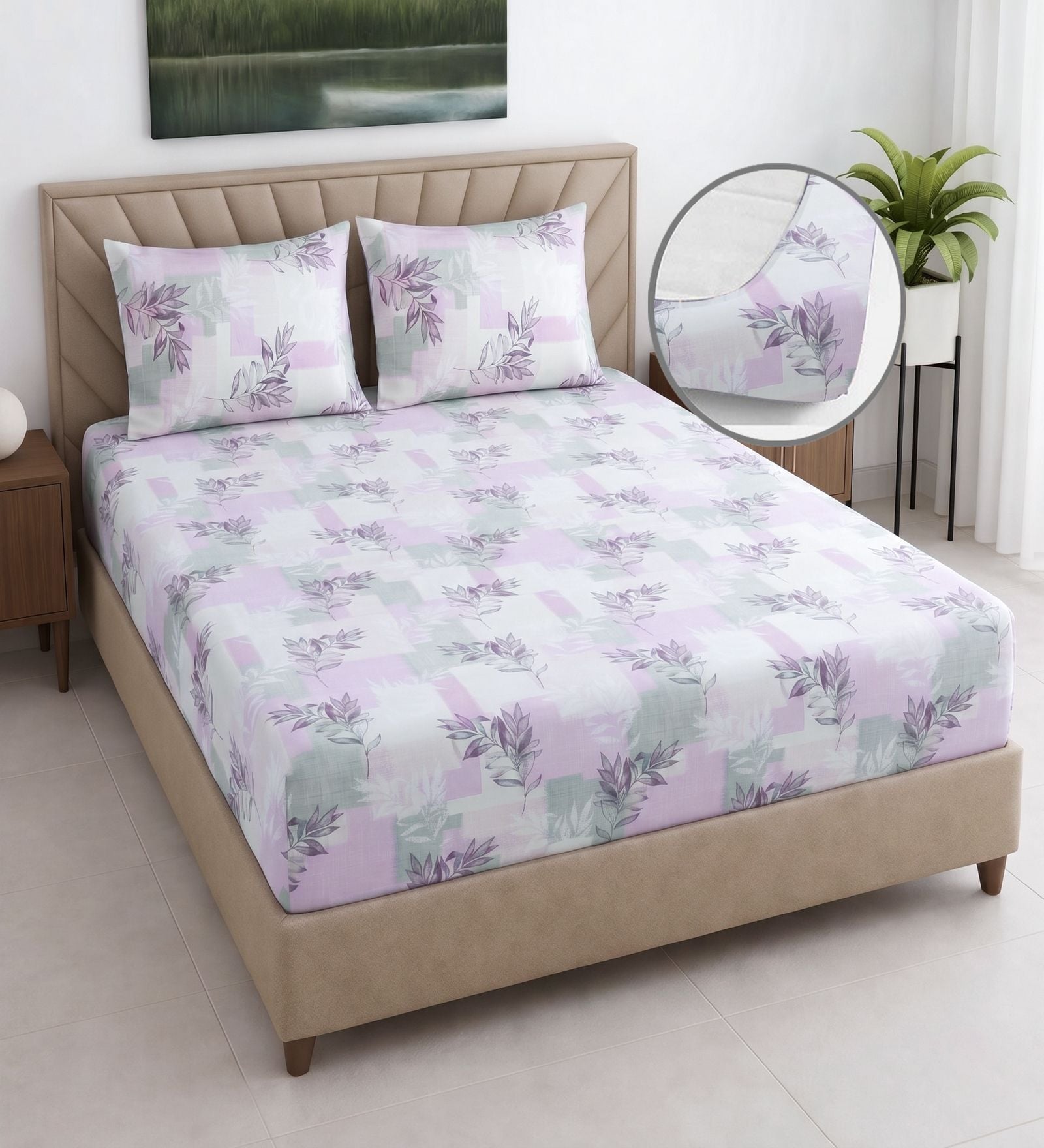 White & Pink Floral 400 TC Cotton Superking Size Fitted Bedsheet With 2 Pillow Covers