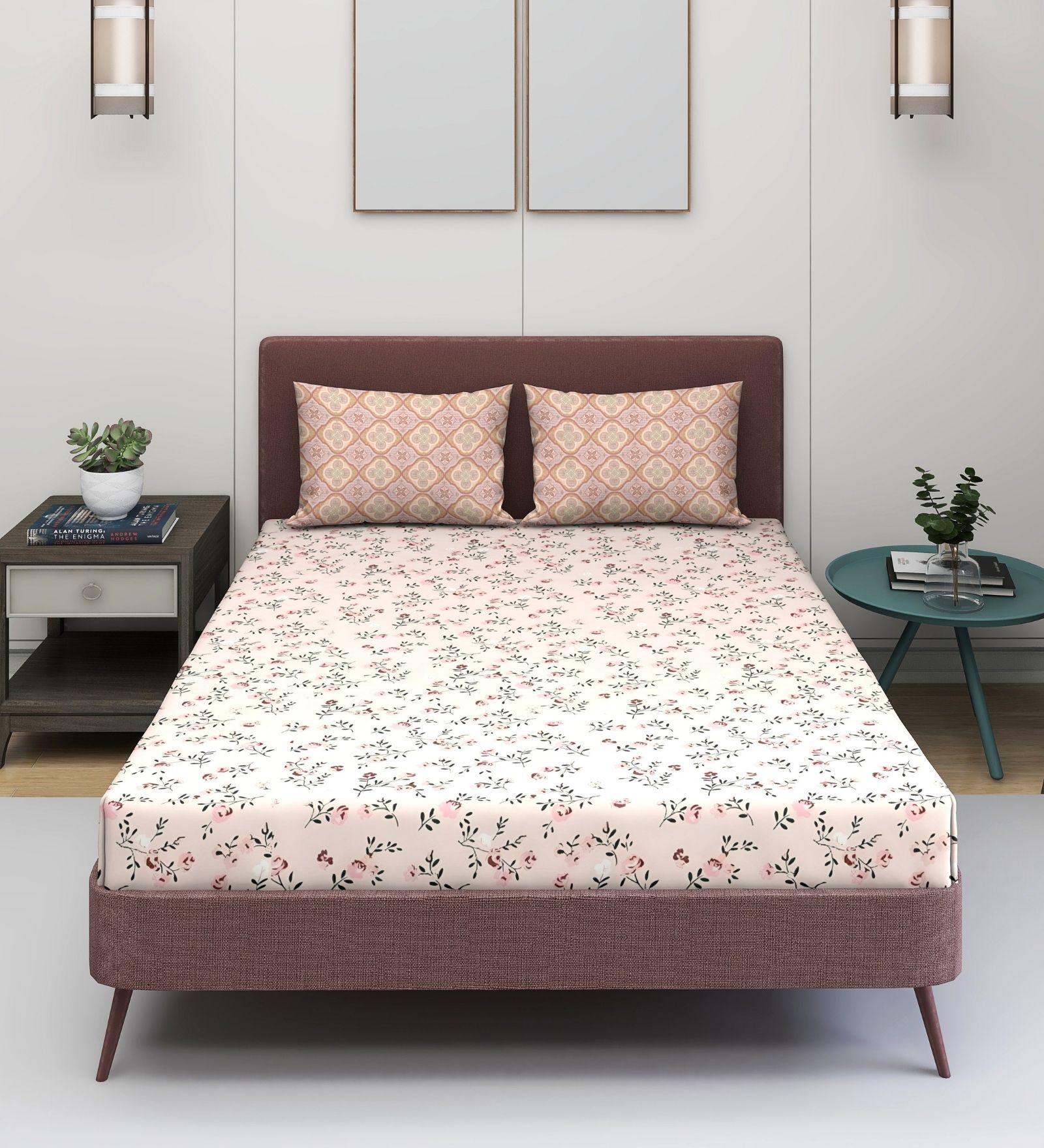 White & Pink Glace Cotton Floral Print Elastic Fitted King Bedsheet With 2 Pillow Covers
