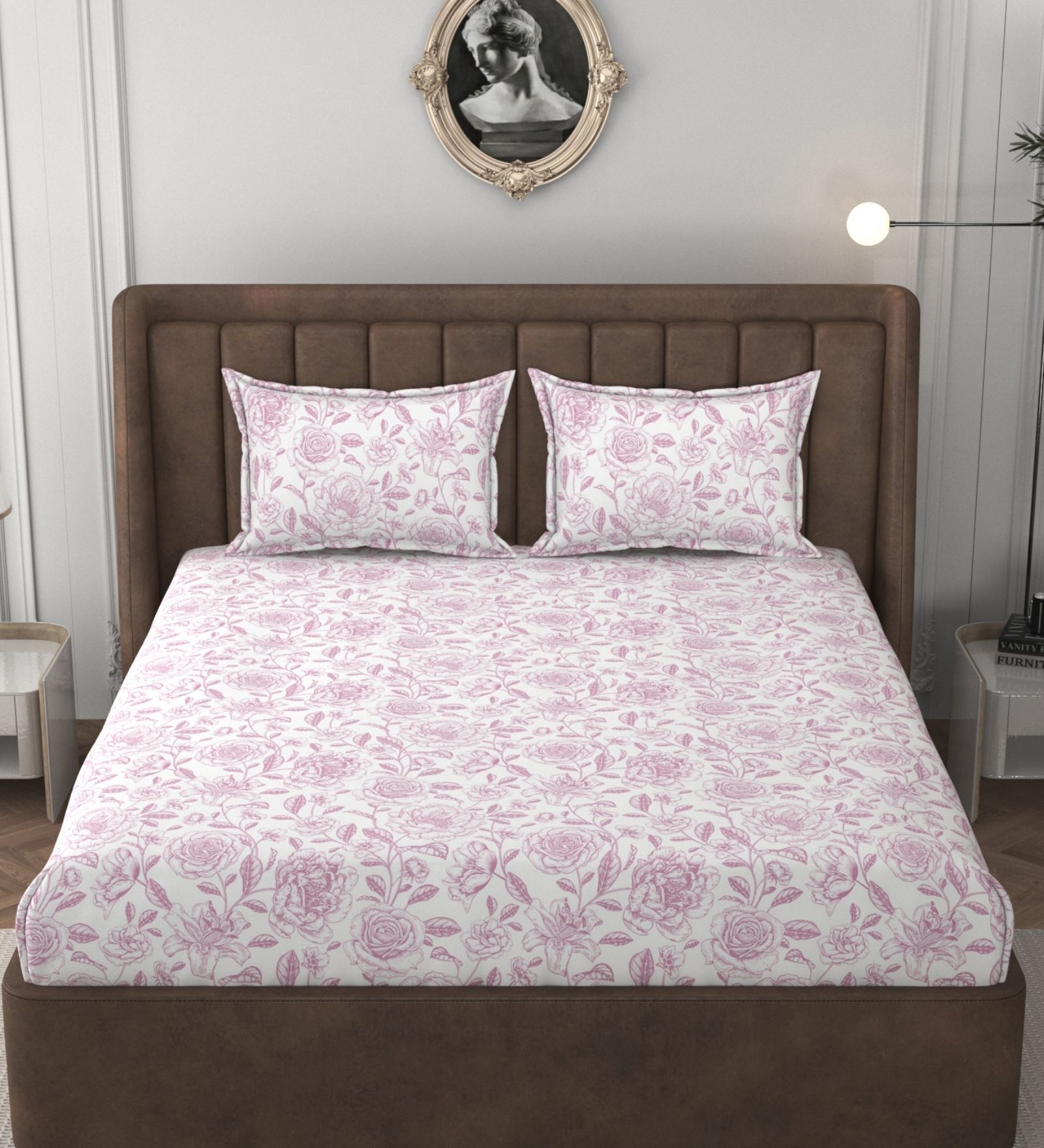 White & Pink Glace Cotton Floral Print Elastic Fitted King Bedsheet With 2 Pillow Covers