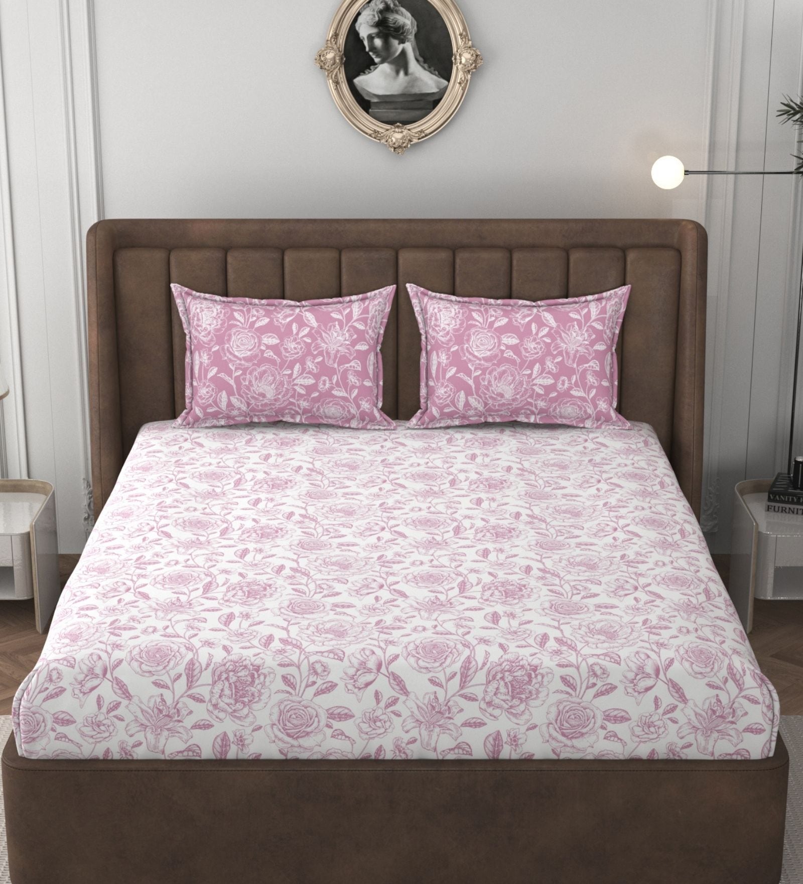 White & Pink Glace Cotton Floral Print Elastic Fitted King Bedsheet With 2 Pillow Covers