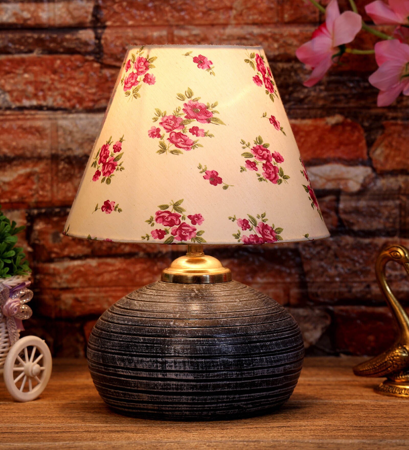 White & Pink Shade Table Lamp With Terracotta Base
