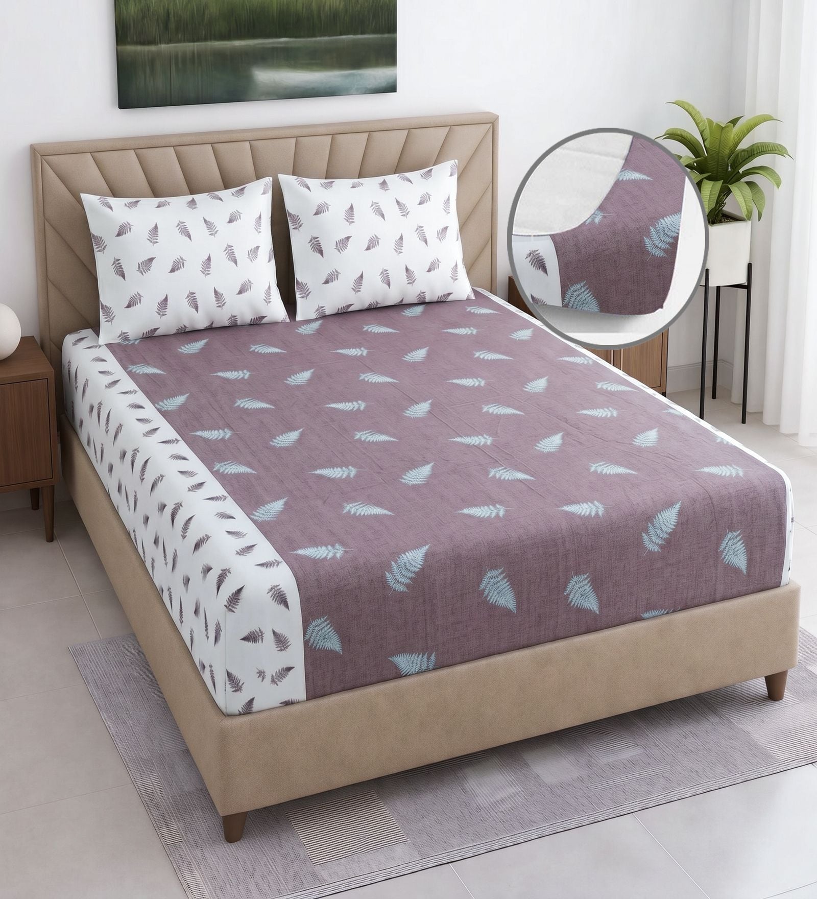 White & Plum Floral 400 TC Cotton Superking Size Fitted Bedsheet With 2 Pillow Covers