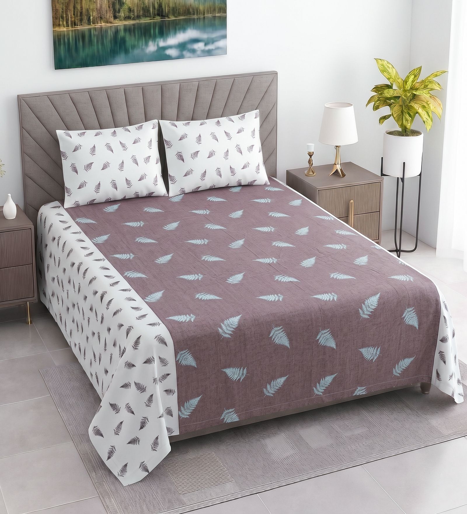 White & Plum Floral 400 TC Cotton Superking Size Flat Bedsheet With 2 Pillow Covers