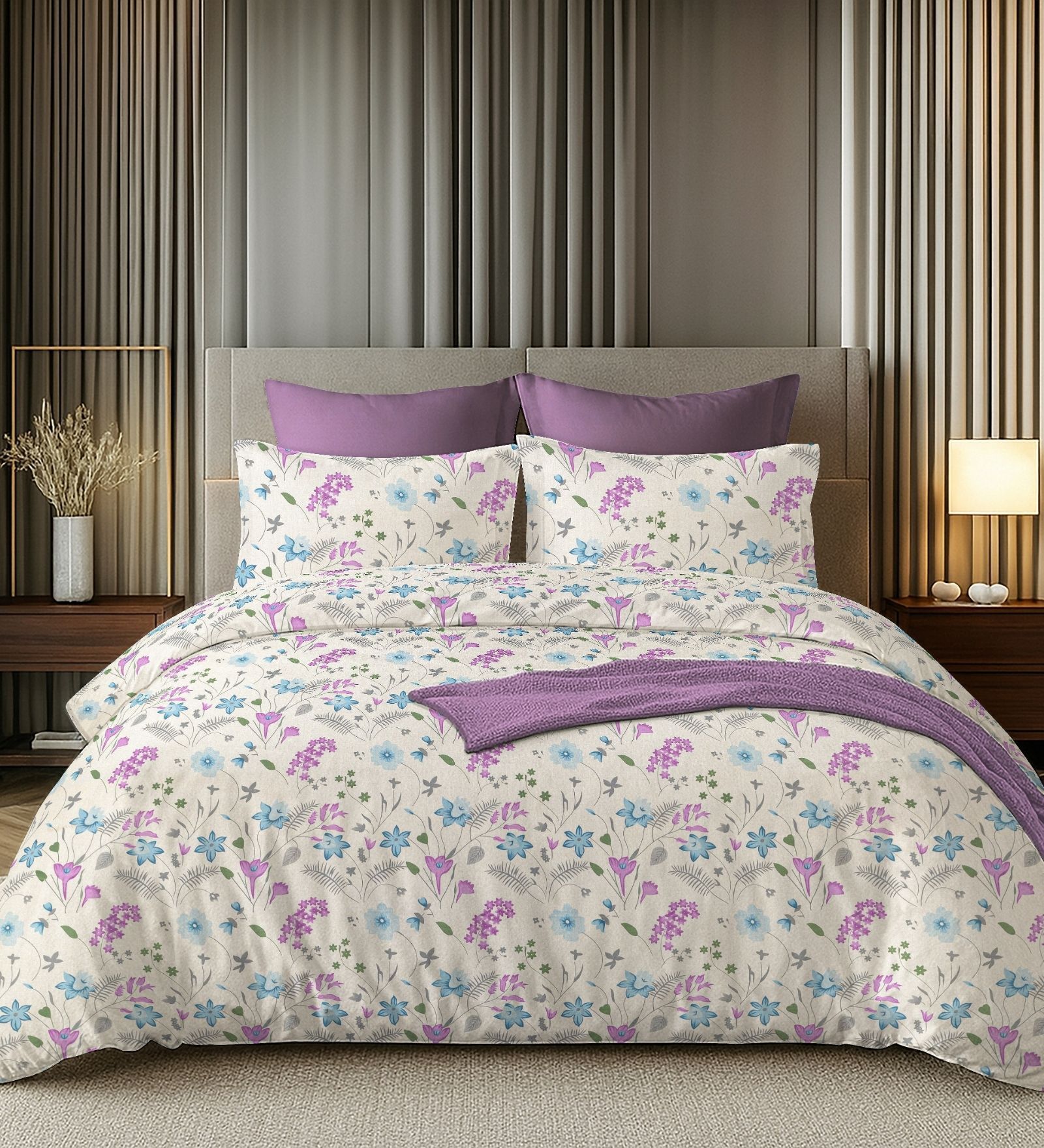 White & Purple 144TC Cotton Flat Super King Bedsheet with 2 Pillow Covers