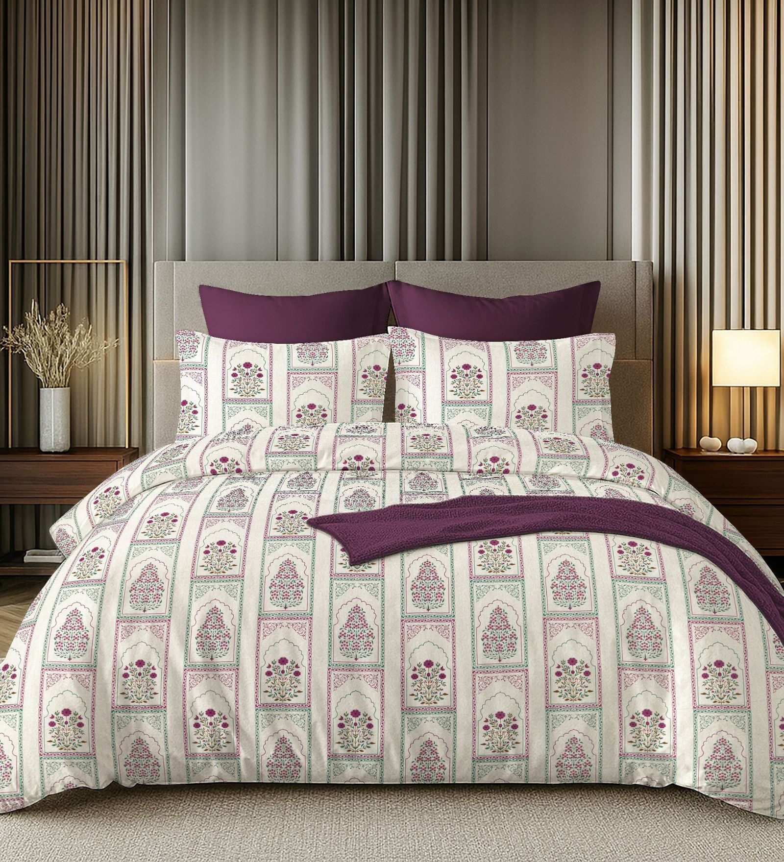 White & Purple 144TC Cotton Flat Super King Bedsheet with 2 Pillow Covers