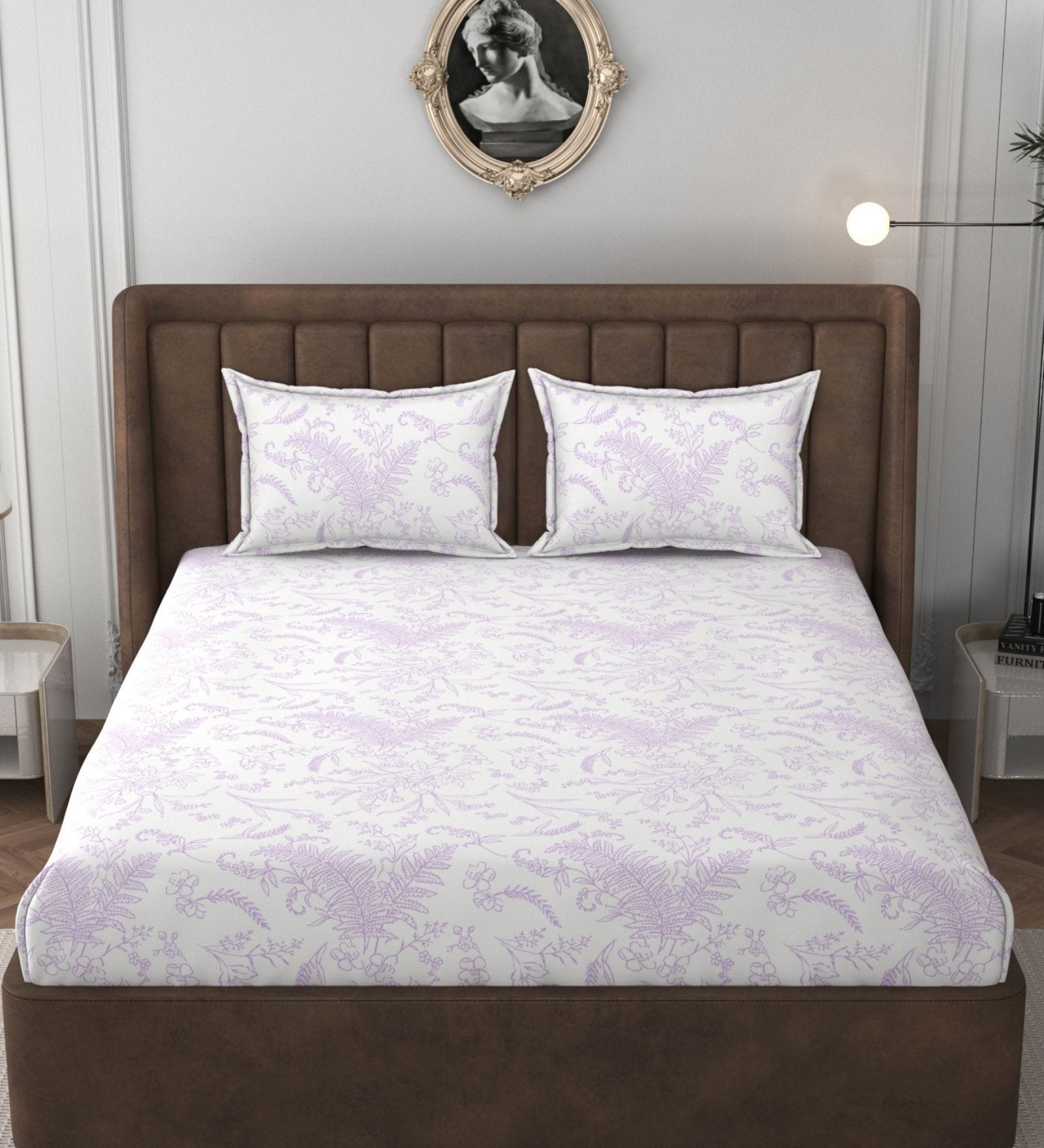 White & Purple Glace Cotton Floral Print Elastic Fitted King Bedsheet With 2 Pillow Covers