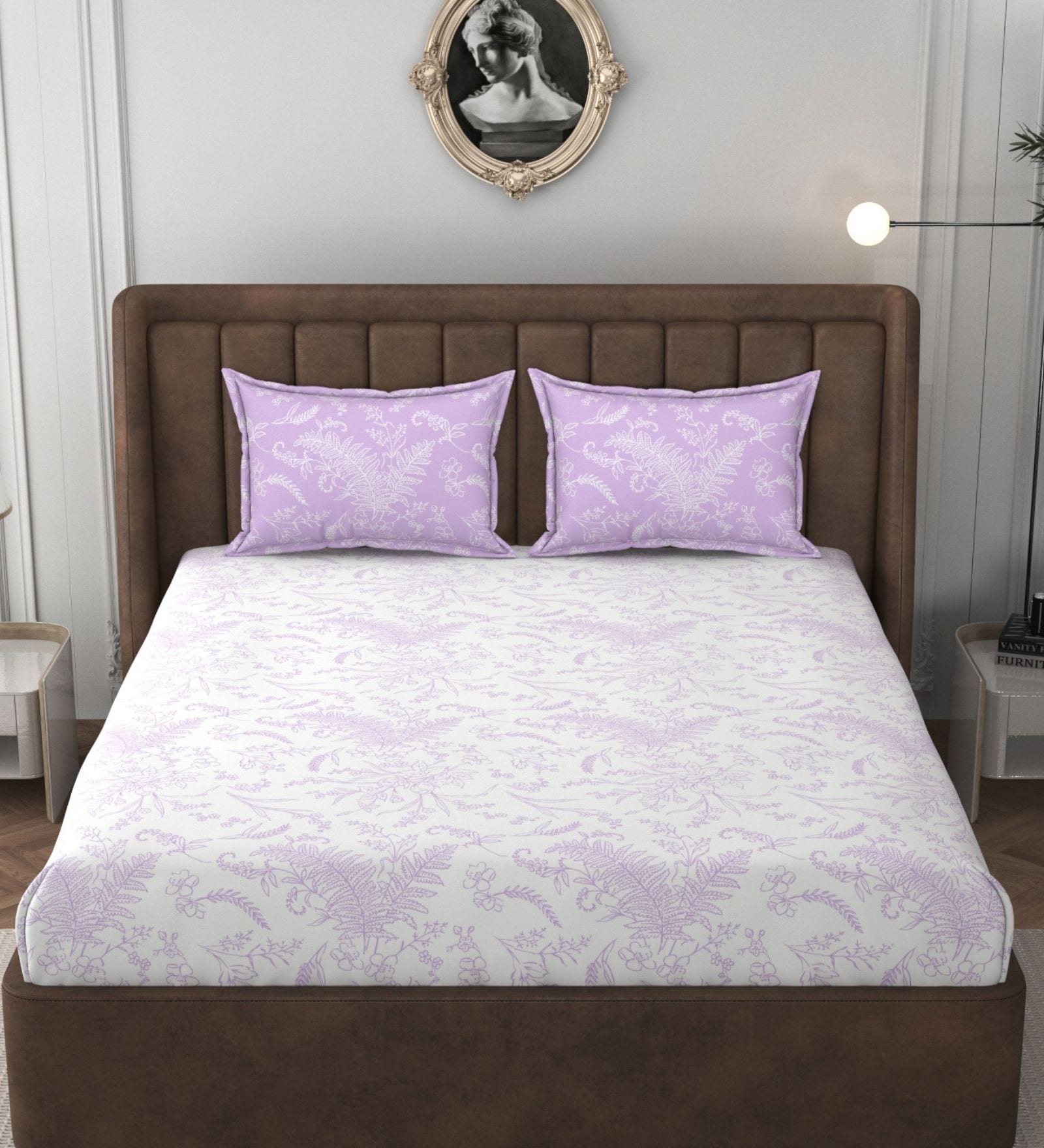 White & Purple Glace Cotton Floral Print Elastic Fitted King Bedsheet With 2 Pillow Covers