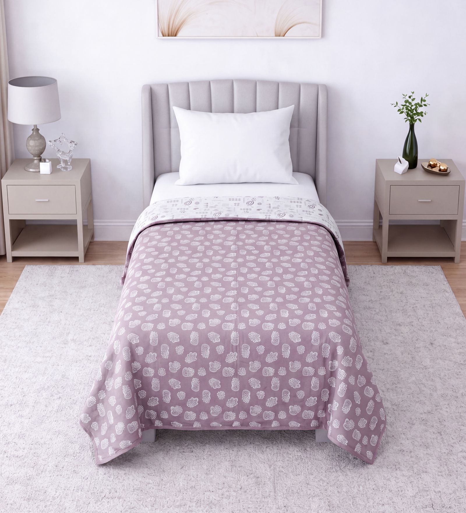 White & Purple Shade Cotton Floral 350 GSM Single Bed Reversible Dohar