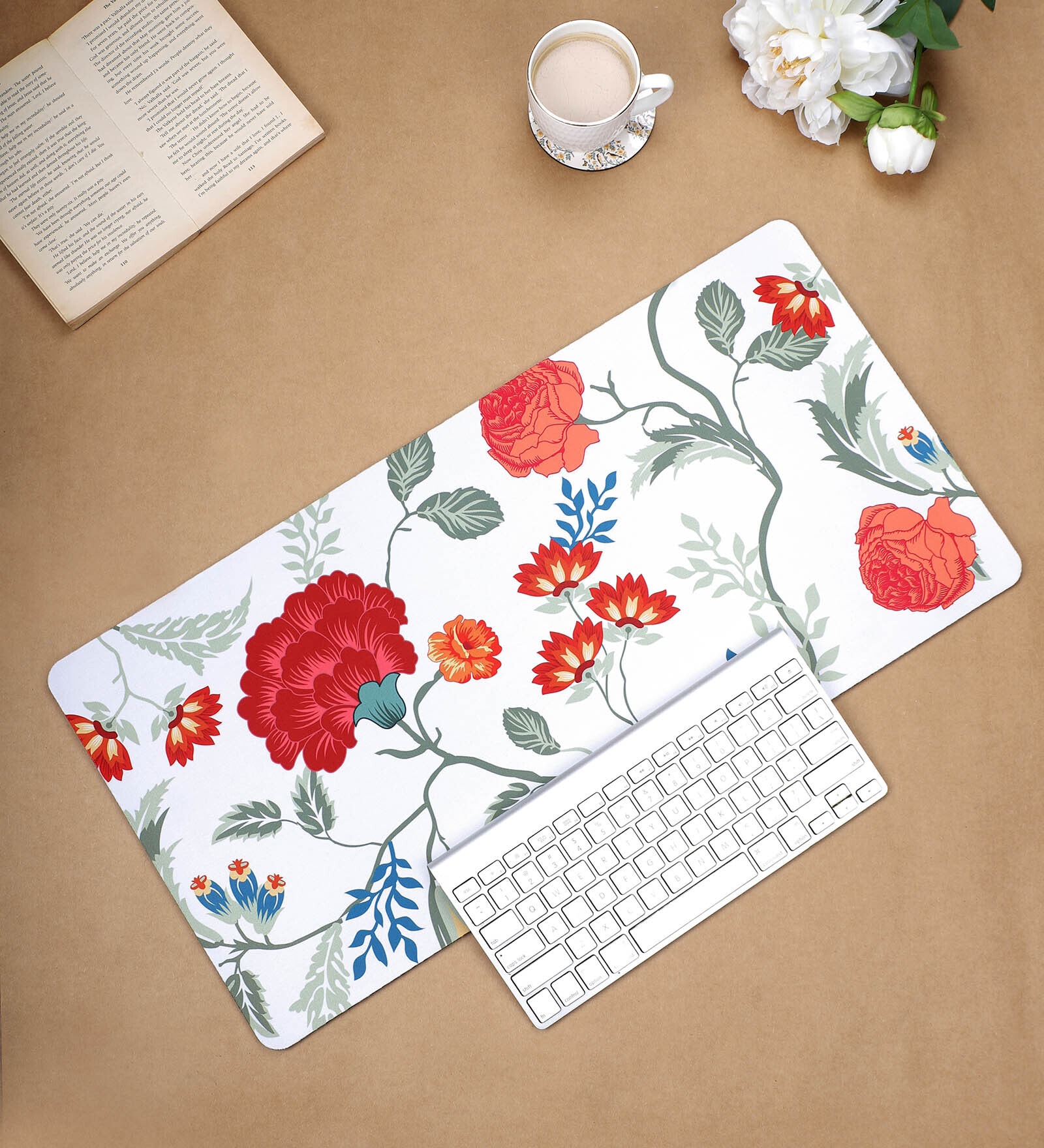 White & Red Floral Printed Laptop & Keyboard Mat