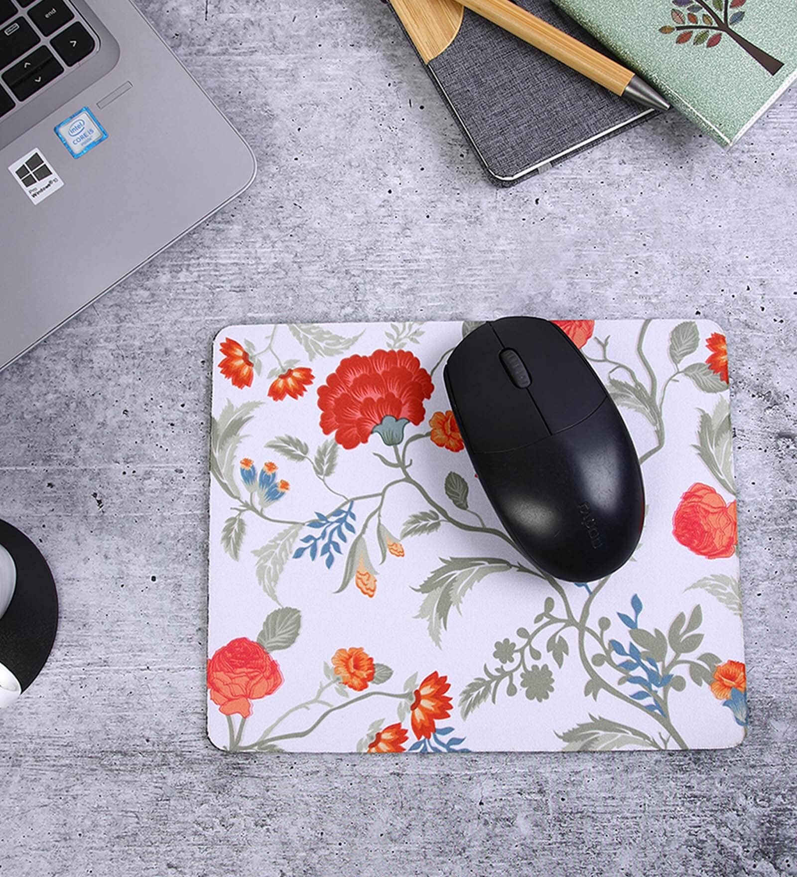 White & Red Floral Printed Rectangle Mousepad