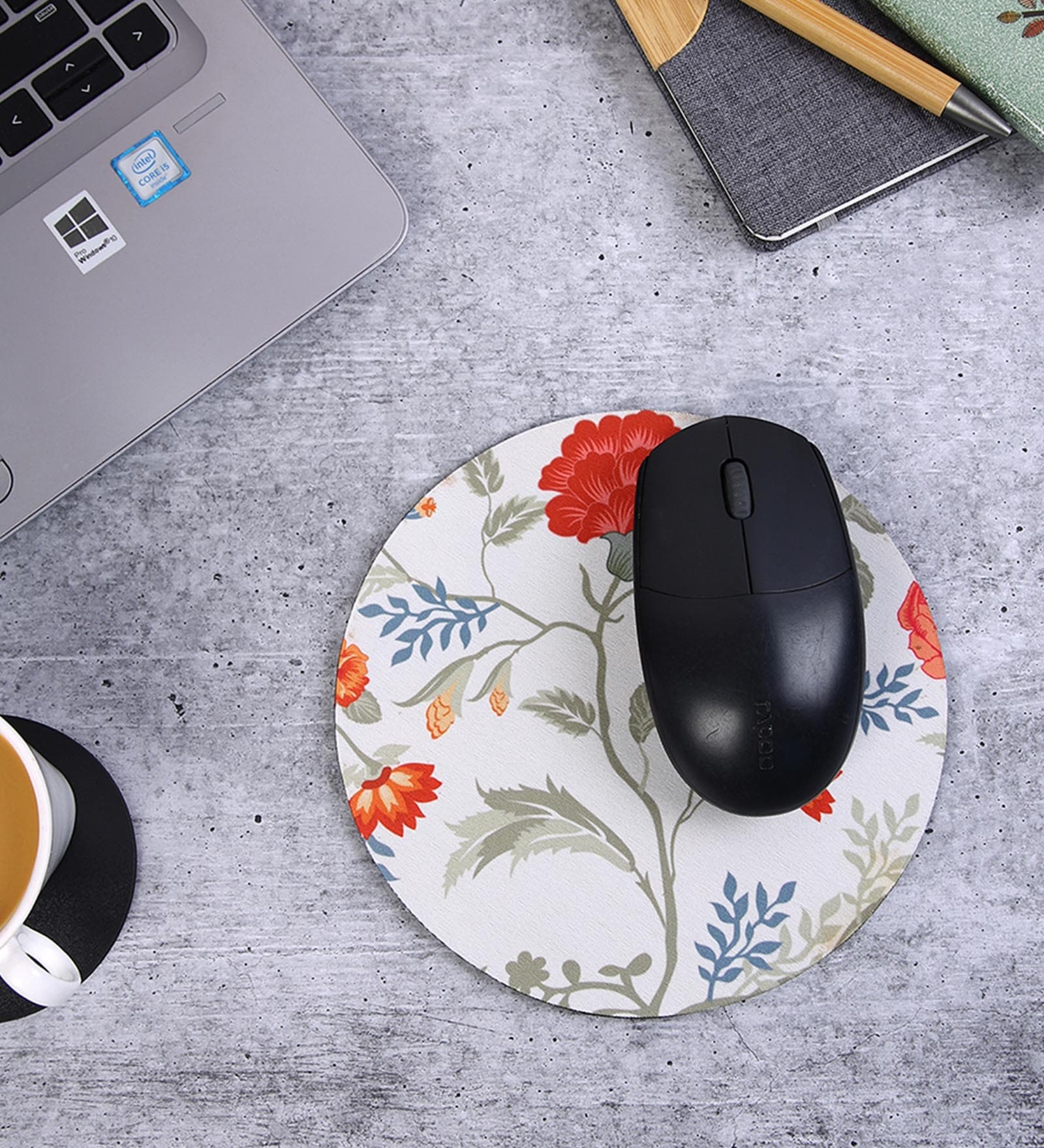 White & Red Floral Printed Round Mousepad