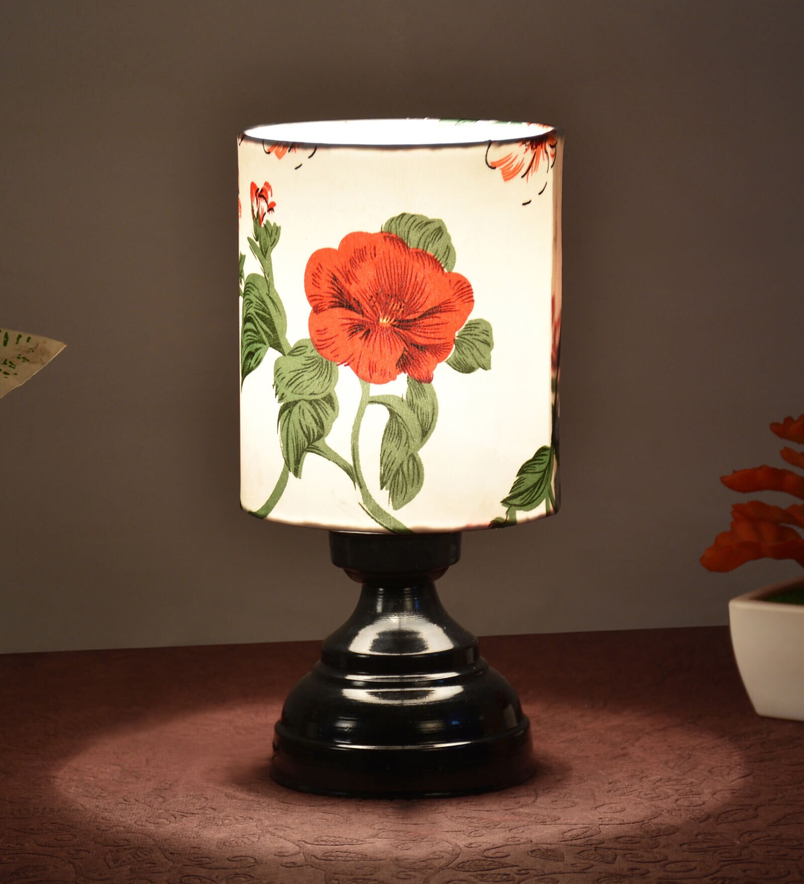 White & Red Shade Table Lamp With Metal Base