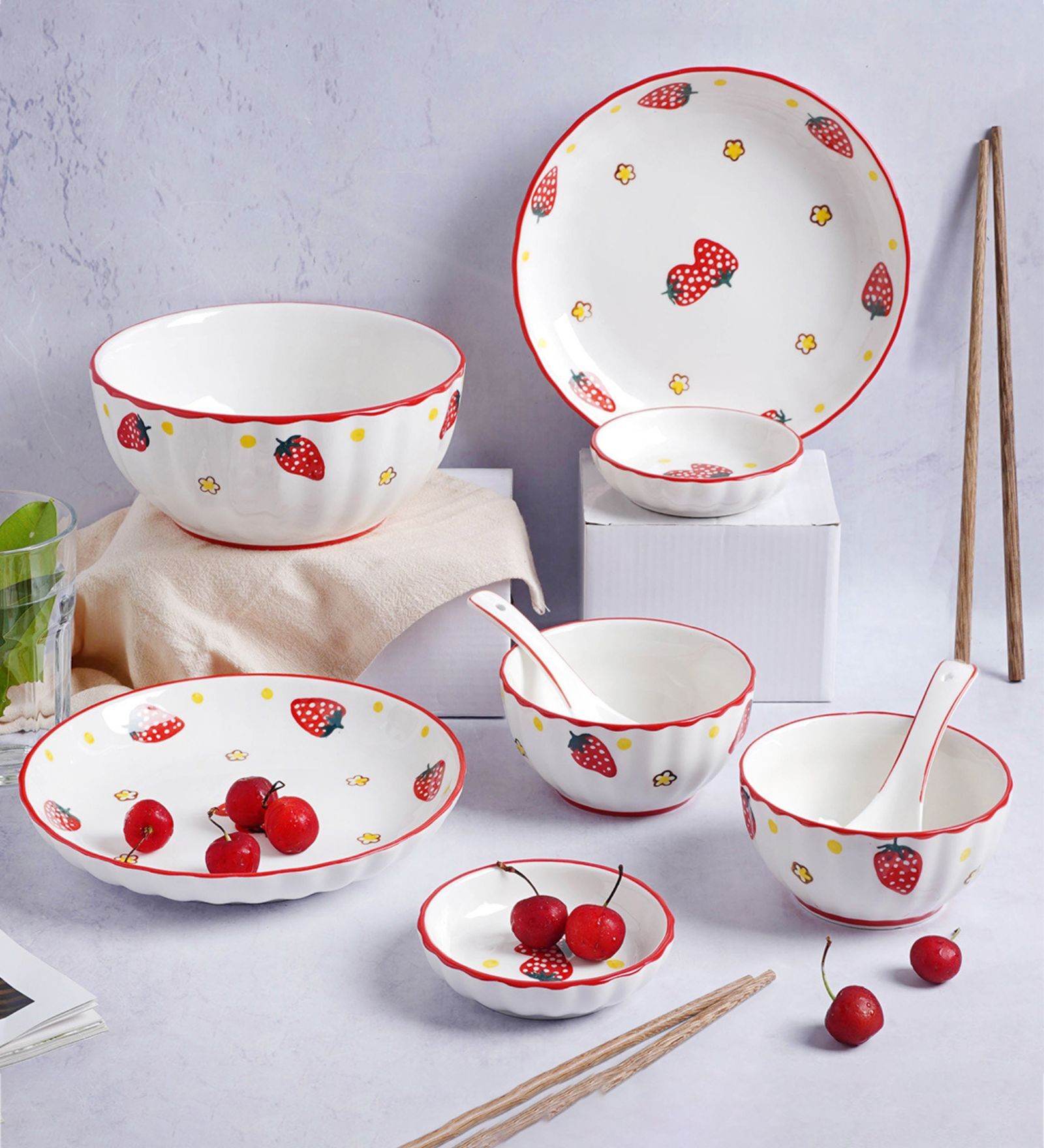 Strawberry 11 Pcs White & Red Ceramic Dinnerware Set