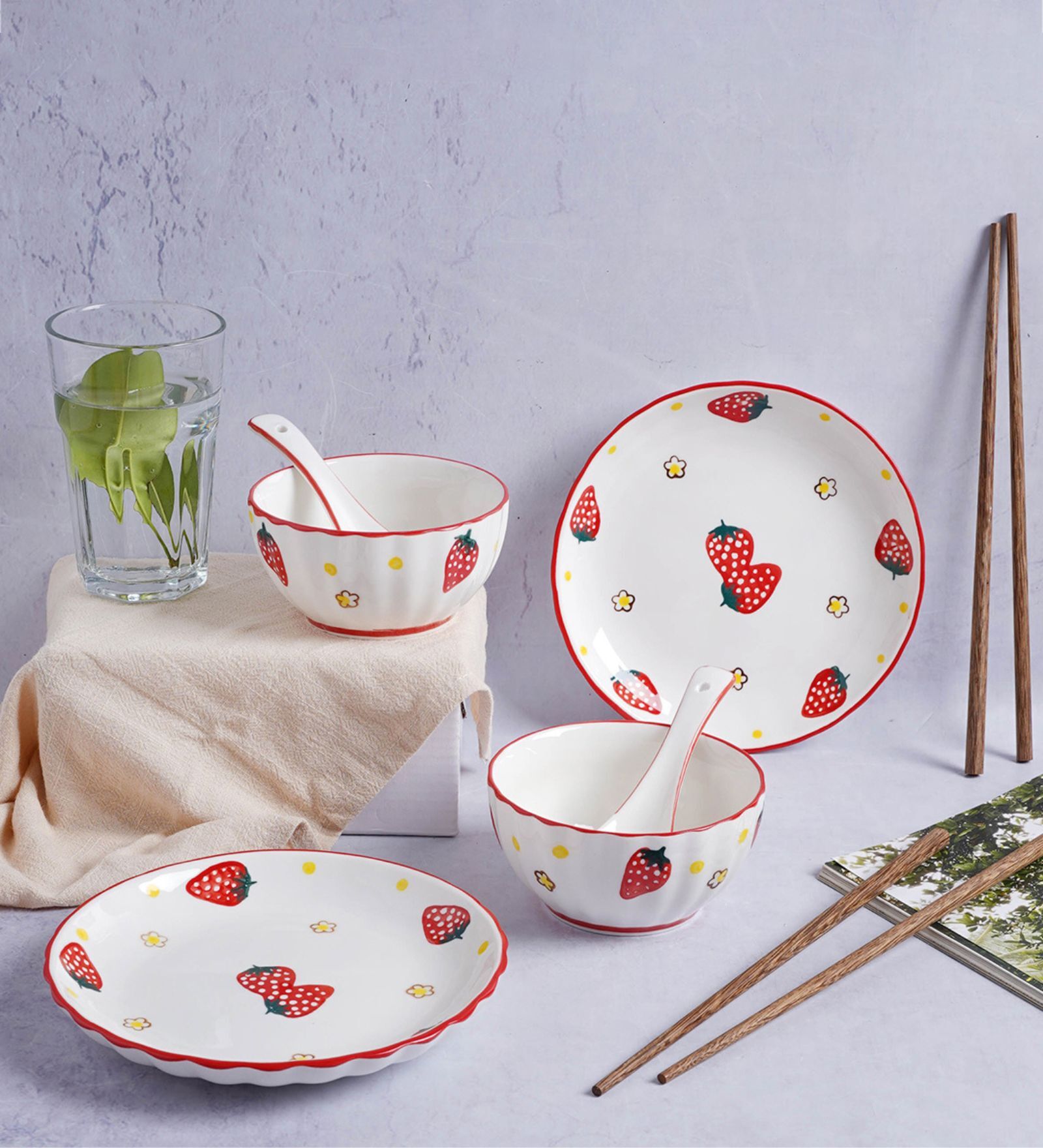 Strawberry 8 Pcs White & Red Ceramic Dinnerware Set