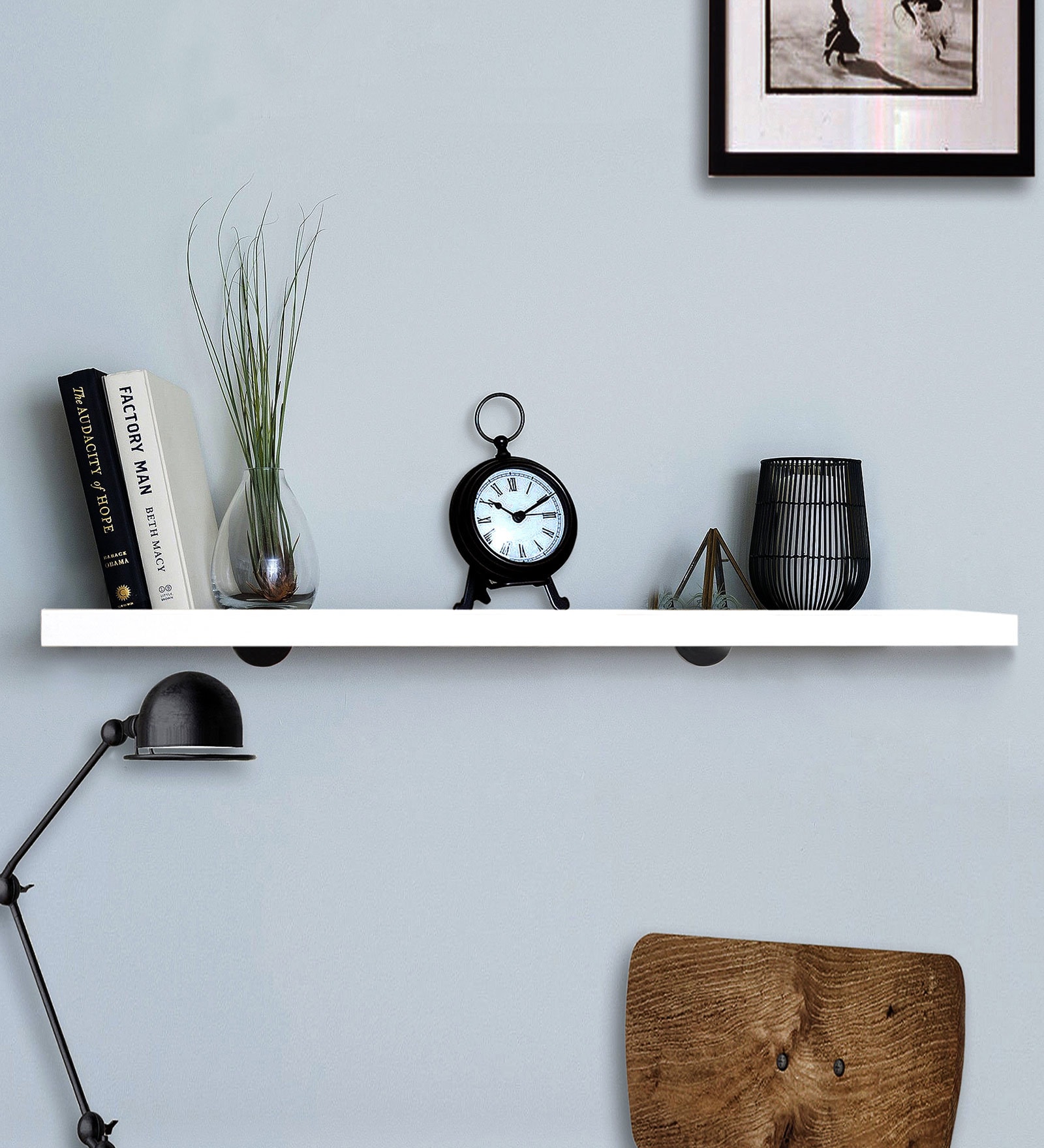 Solid Wood Floating Wall Shelf with Bright Nickel Brackets in White & Silver Colour
