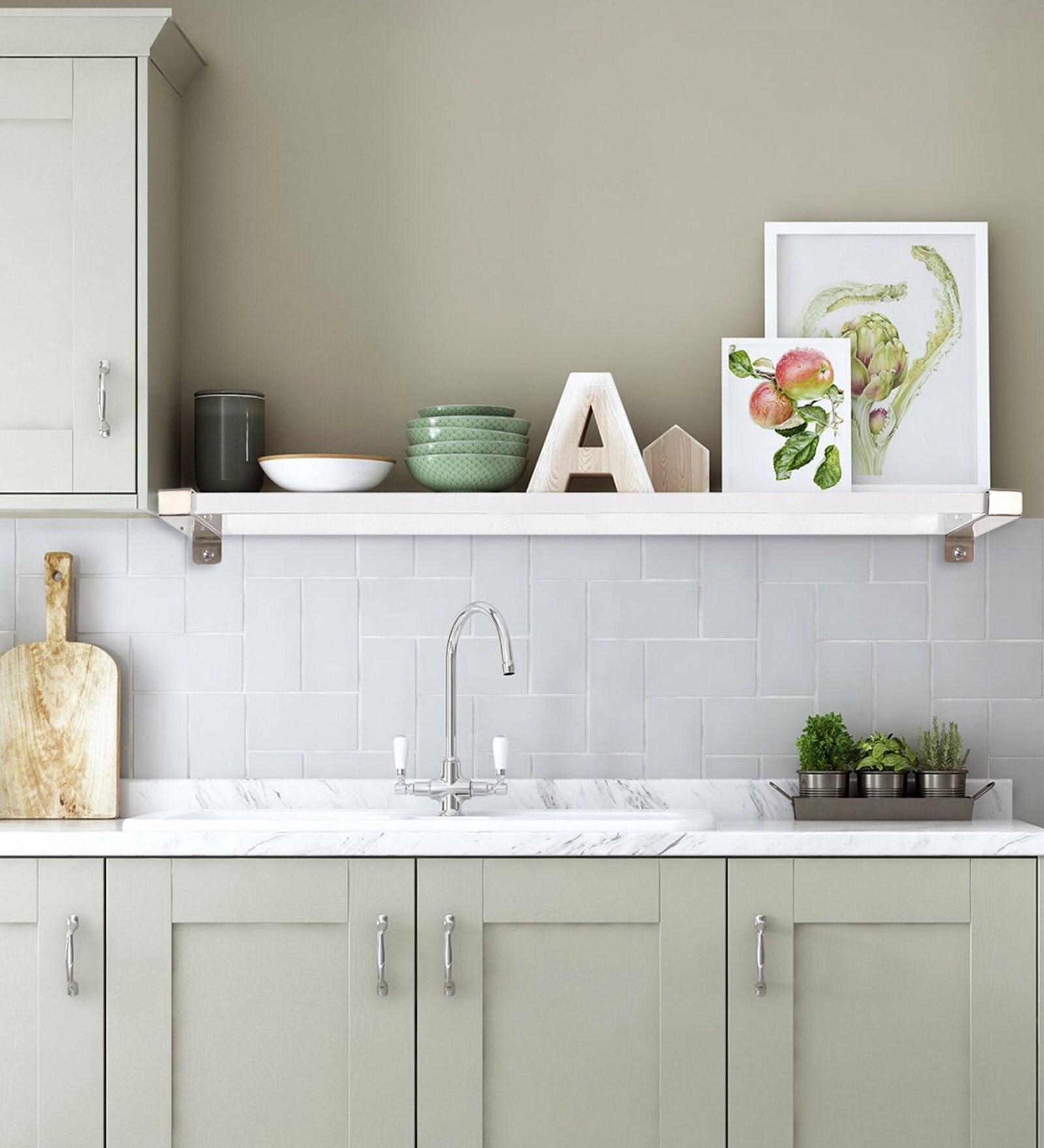 Solid Wood Fixed Bracket Wall Shelf with Satin Silver Brackets in White & Silver Colour